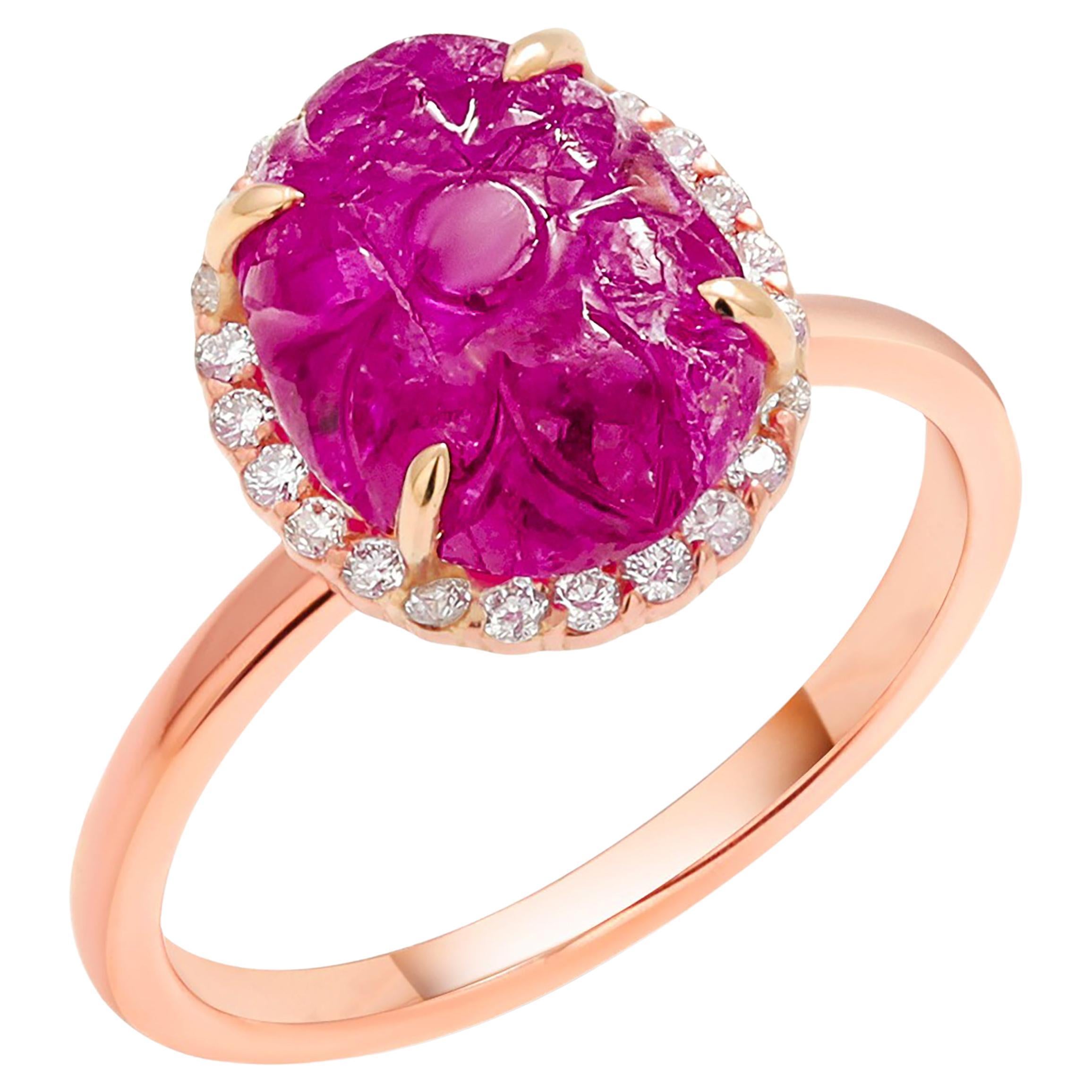 GIA Certified No Heat Burma Carved Ruby Diamond 4.69 Carat Rose Gold Ring  For Sale
