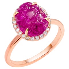 GIA Certified No Heat Burma Carved Ruby Diamond 4.69 Carat Rose Gold Ring