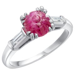 GIA Certified No Heat Burma Carved Ruby Vintage Platinum Baguette Diamond Ring