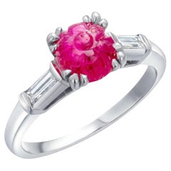 GIA Certified No Heat Burma Carved Ruby Vintage Platinum Baguette Diamond Ring