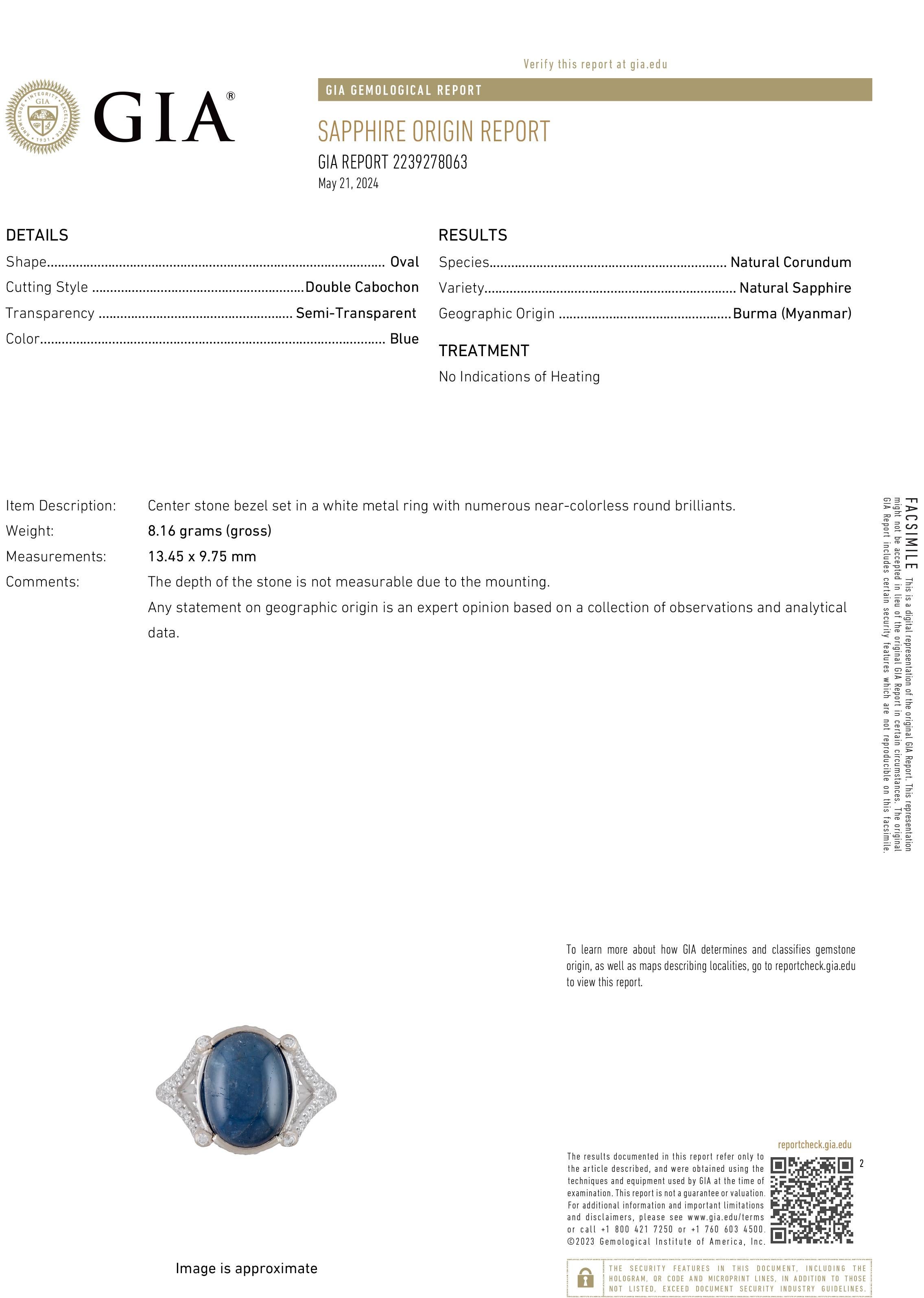 Contemporaneo GIA Certified No Heat Burma Origin Cabochon Sapphire Diamond Cocktail Ring in vendita