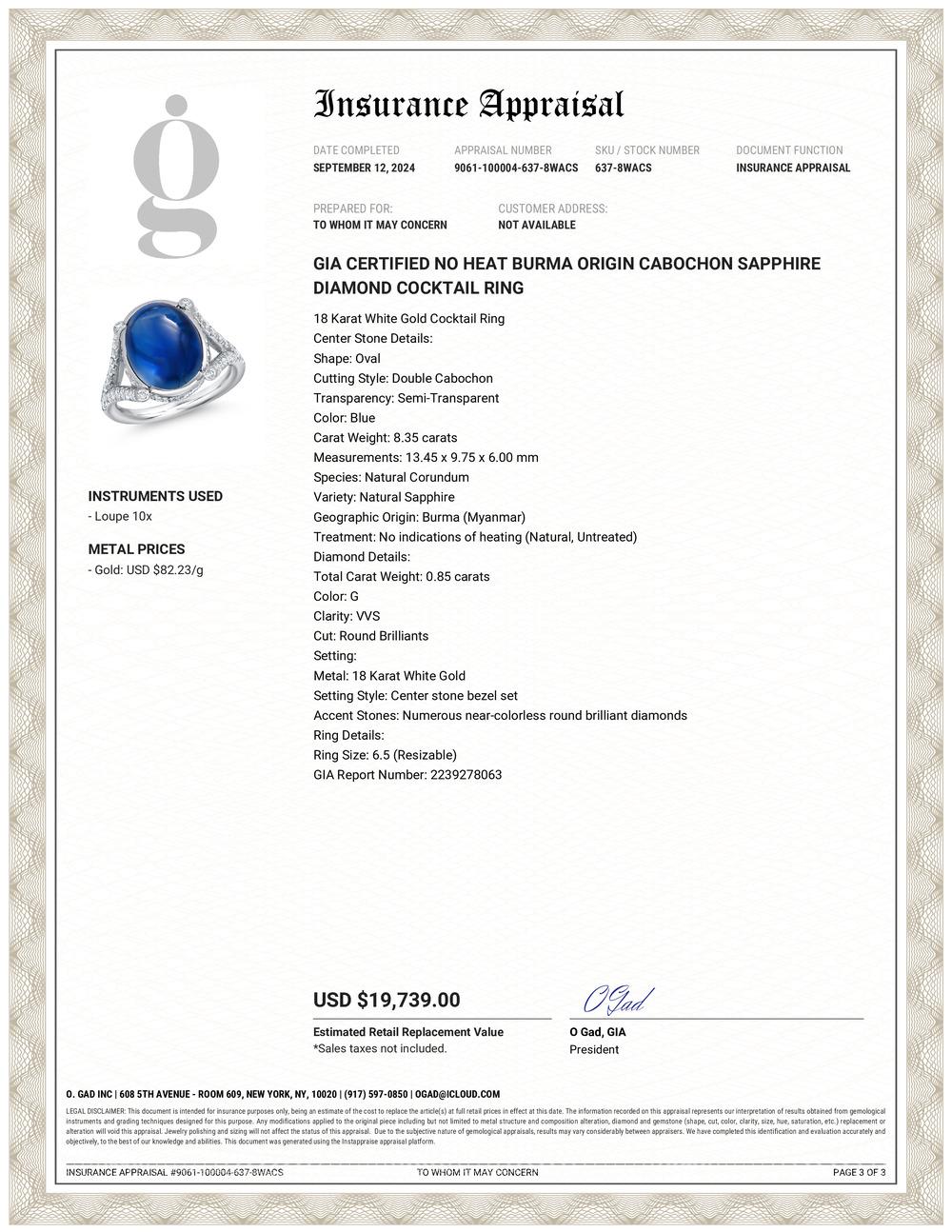 Donna GIA Certified No Heat Burma Origin Cabochon Sapphire Diamond Cocktail Ring in vendita