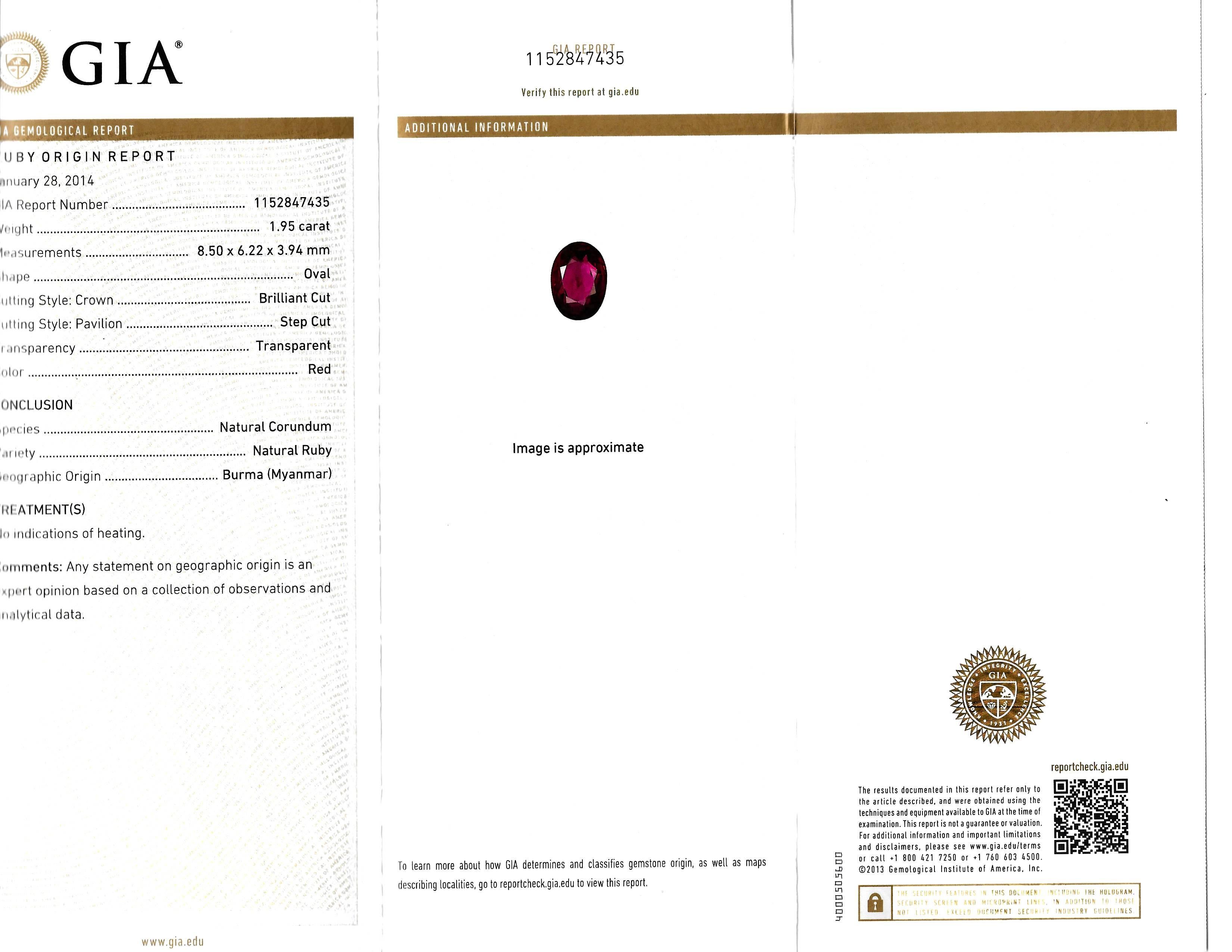 GIA Certified No Heat Burma Ruby 1.95 Carat Diamond 1.20 Carat Platinum Ring en vente 1