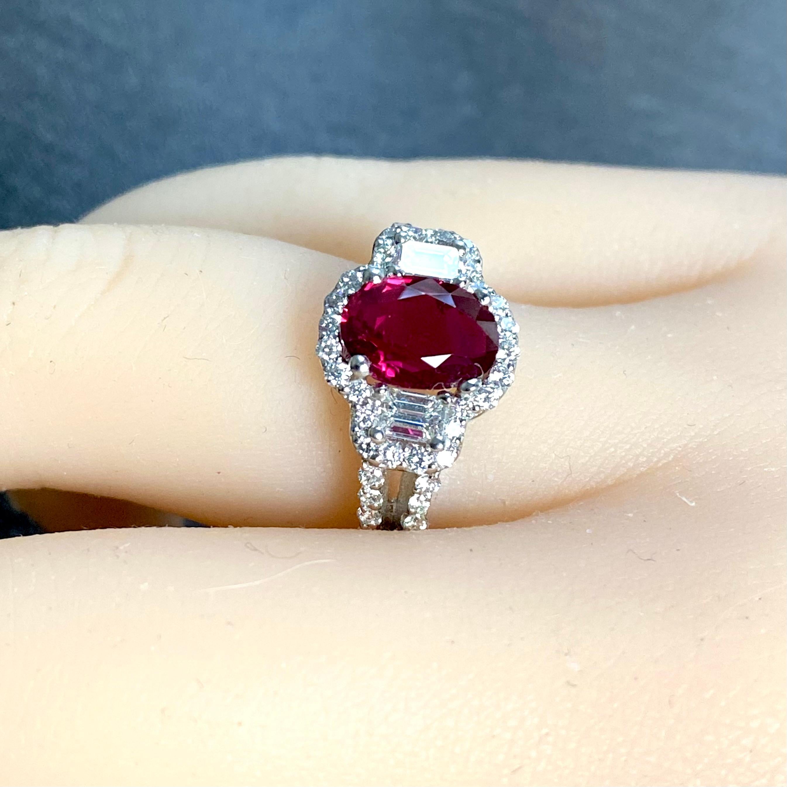 GIA Certified No Heat Burma Ruby 1.95 Carat Diamond 1.20 Carat Platinum Ring  For Sale 2