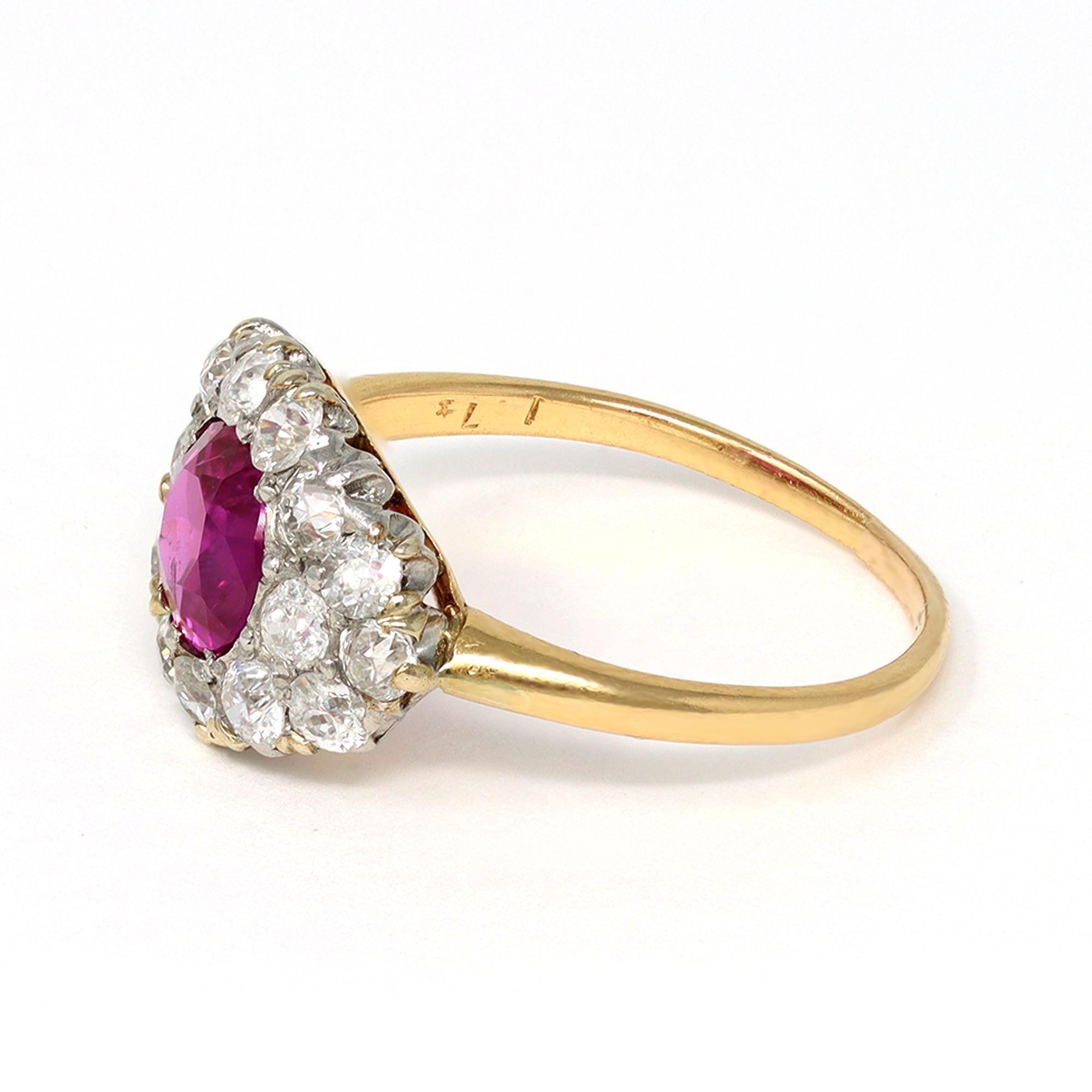 The ring is Victorian, circa 1890. It presents an old cut oval ruby with very good crystal accompanied by GIA report #2193963124, stating the ruby is 1.42 carats, Burma origin, with no indication of heat treatment.  It is surrounded by old mine-cut