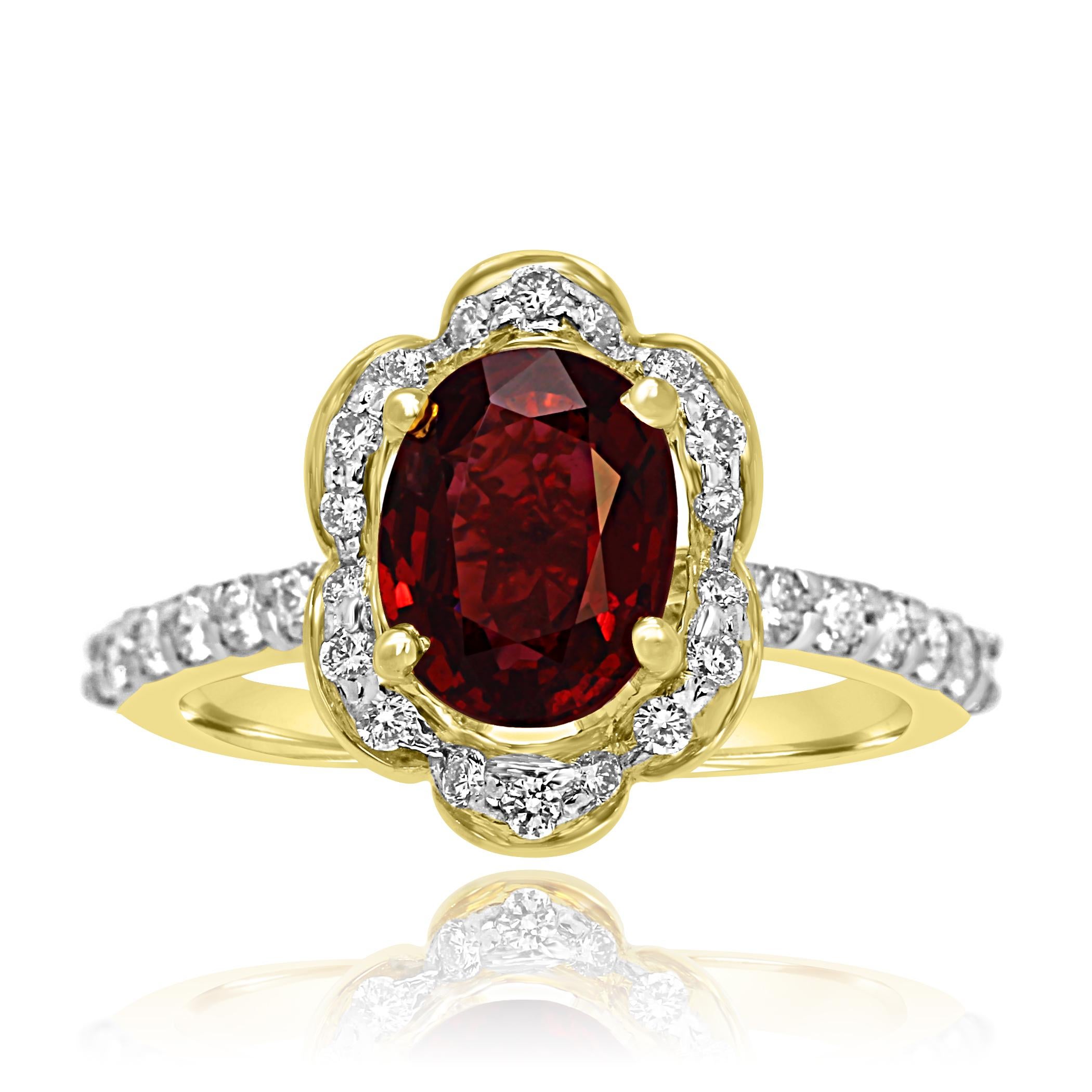 Gorgeous GIA Certified No Heat Burma Spinel Oval 1.77 Carat encircled in a single Halo of White Round Diamonds 0.49 Carat Flanked with diamond on the shank in 14K Yellow Gold Bridal Fashion Ring.

Style available in different price ranges. Prices