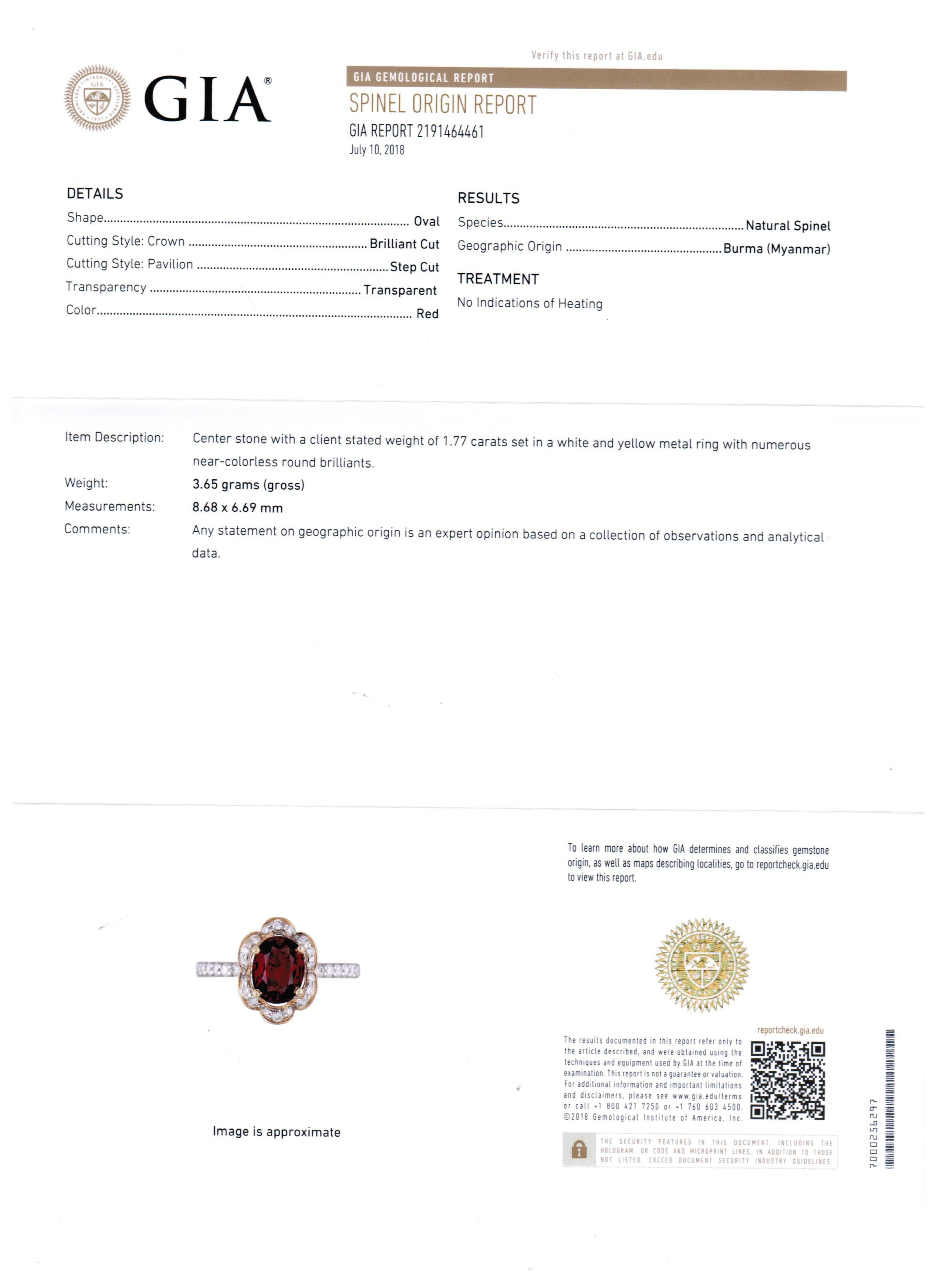 GIA Certified No Heat Burma Spinel  Diamond Halo Gold Bridal Fashion Ring 2