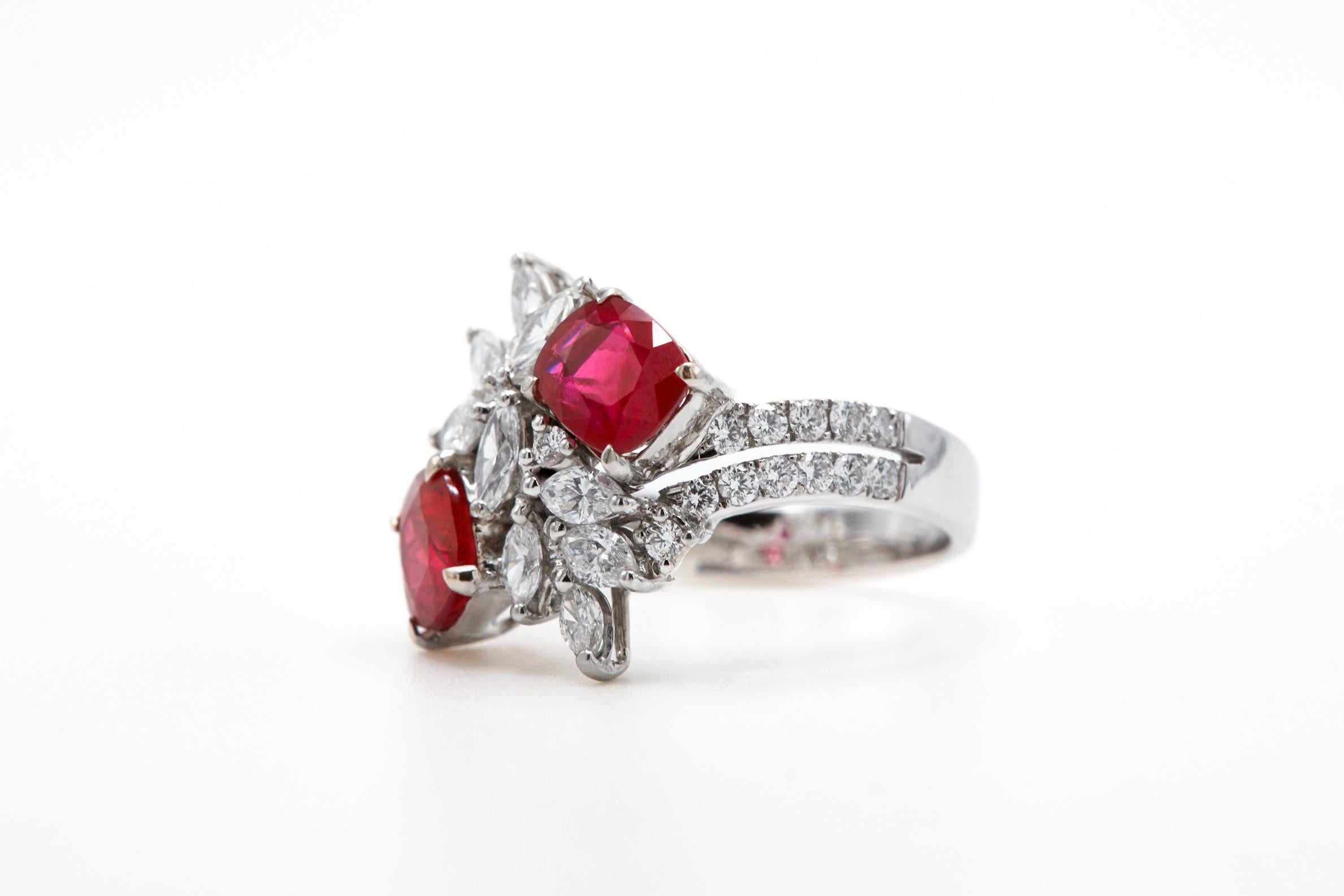 GIA Certified No Heat Burmese Pigeon Blood Floral Toi et Moi Ring In New Condition For Sale In New York, NY