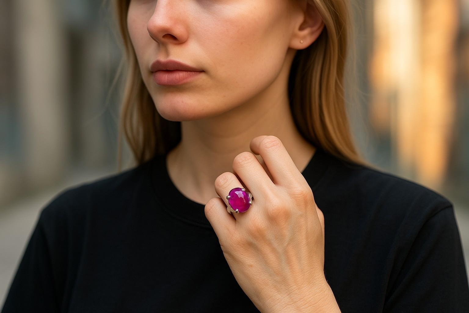 GIA Certificado Sin Calor Cabujón Rubí Diamante 14,74 Quilates 18 Quilates Cóctel Anillo Contemporáneo en venta