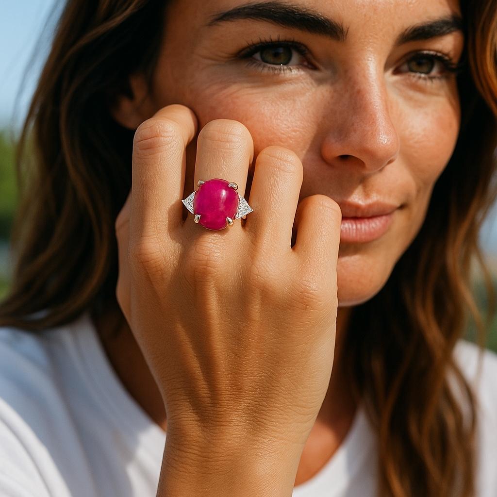 Cushion Cut GIA Certified No Heat Cabochon Ruby Diamond 14.74 Carat 18 Karat Cocktail Ring For Sale