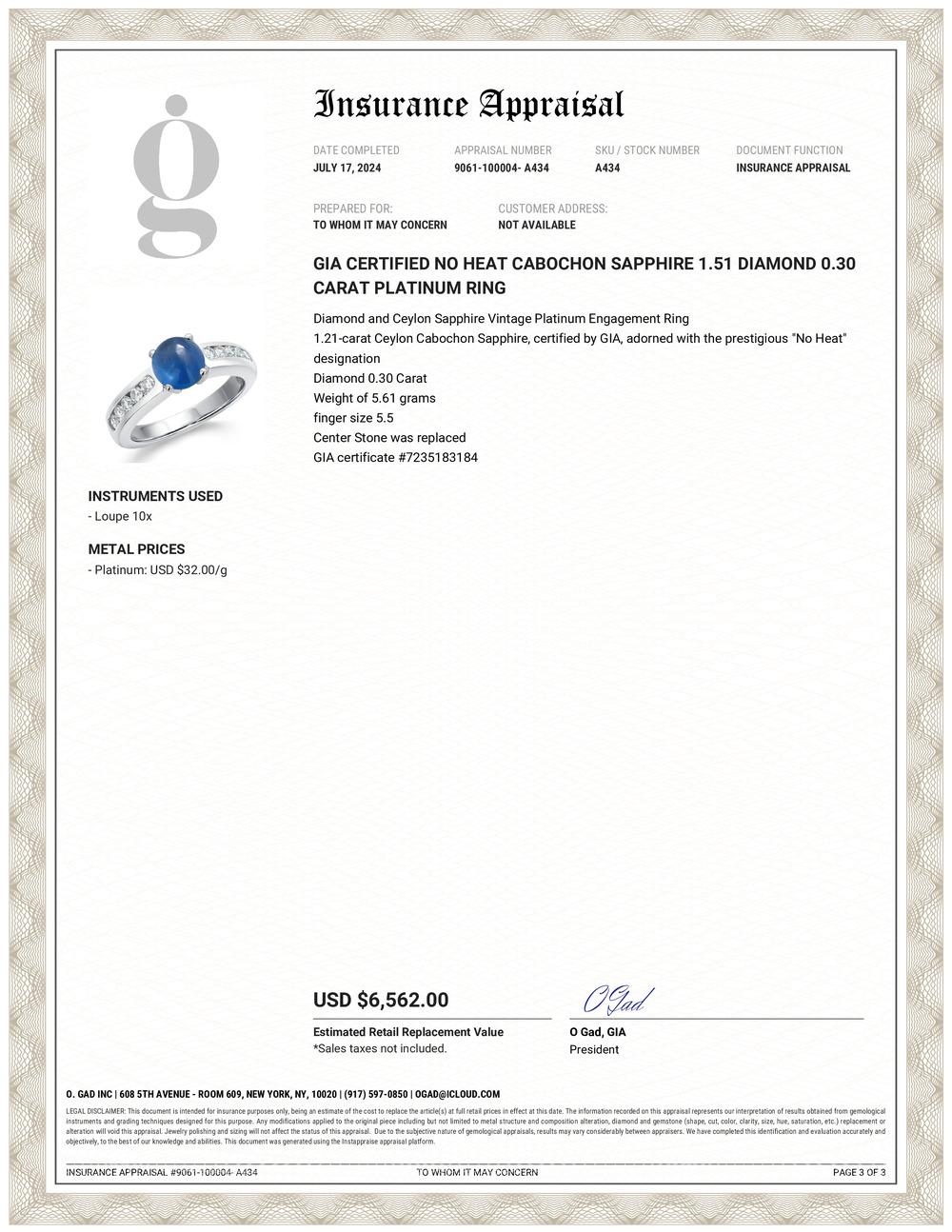 Contemporary GIA Certified No Heat Cabochon Sapphire 1.51 Diamond 0.30 Carat Platinum Ring For Sale