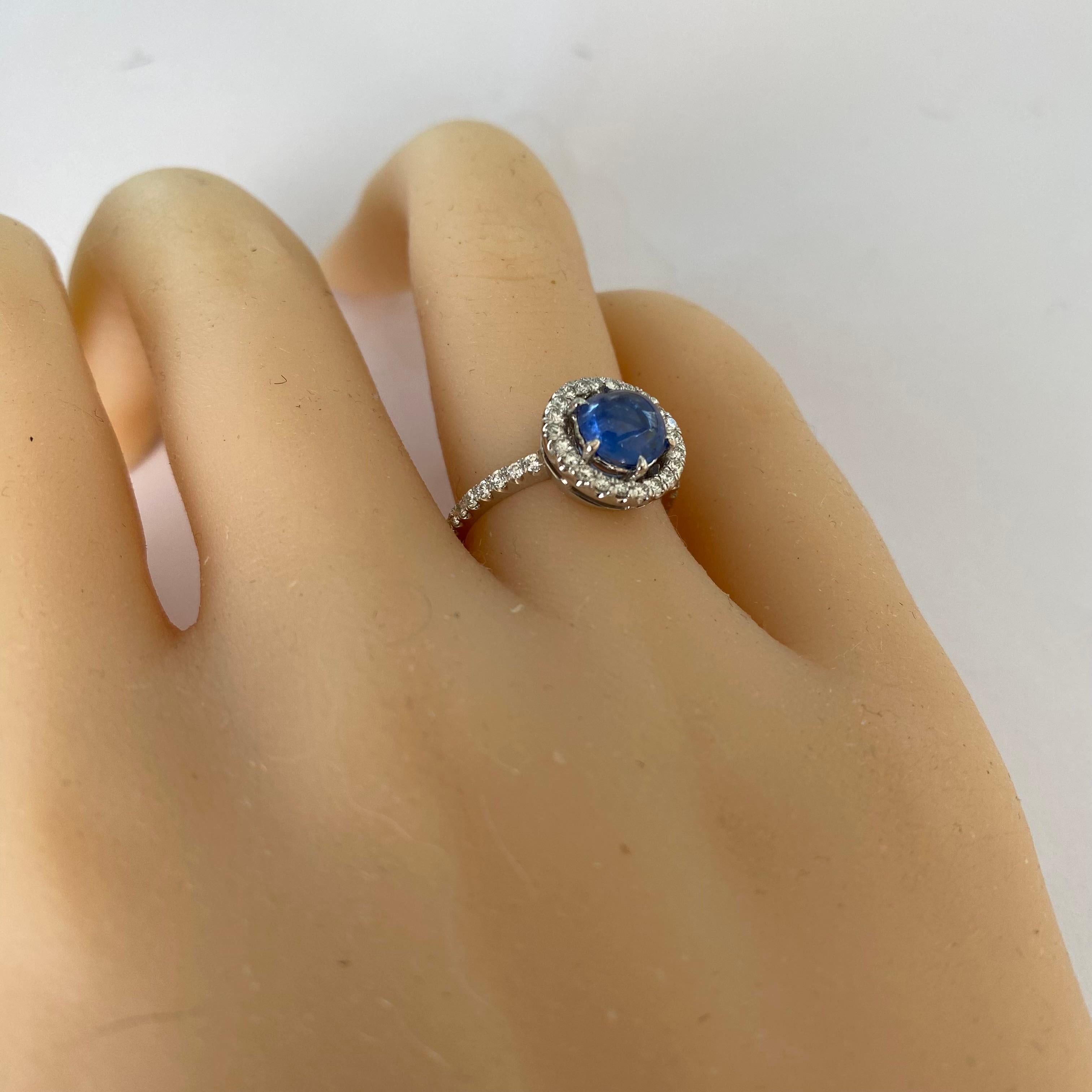 GIA Certified No Heat Cabochon Sapphire 1.65 Carat Halo Diamond 0.40 Carat Ring  For Sale 5
