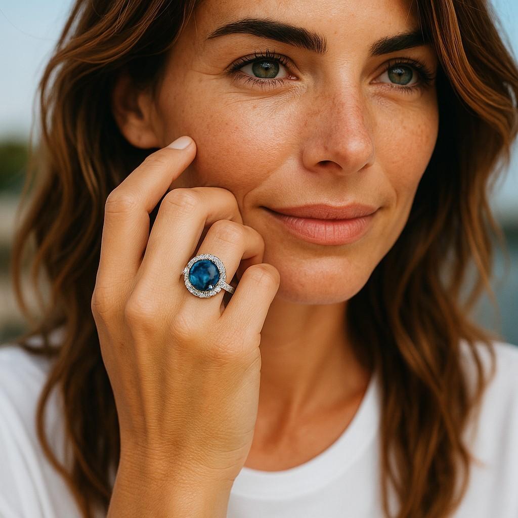 Contemporary GIA Certified No Heat Cabochon Sapphire 1.65 Carat Halo Diamond 0.40 Carat Ring For Sale