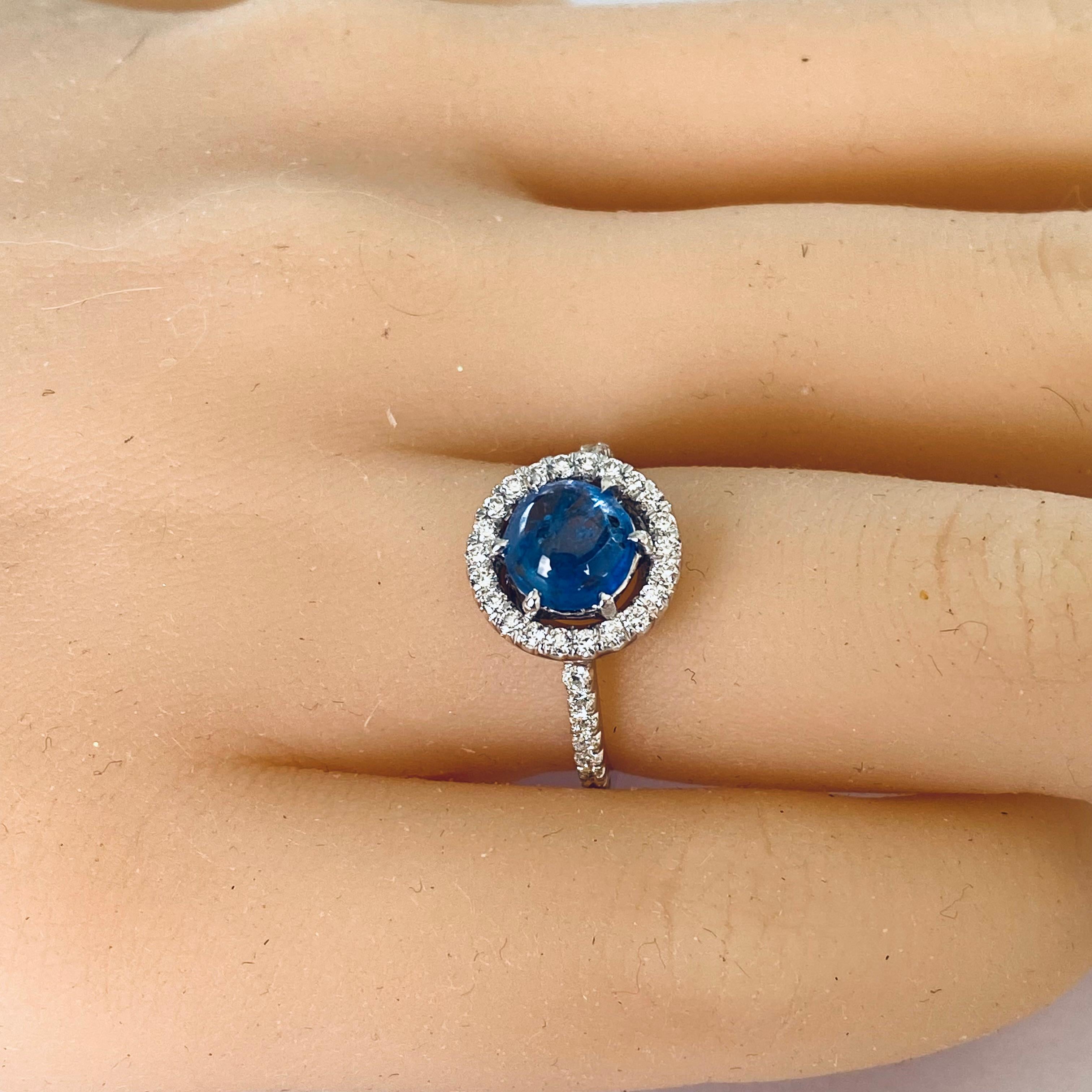 Round Cut GIA Certified No Heat Cabochon Sapphire 1.65 Carat Halo Diamond 0.40 Carat Ring  For Sale