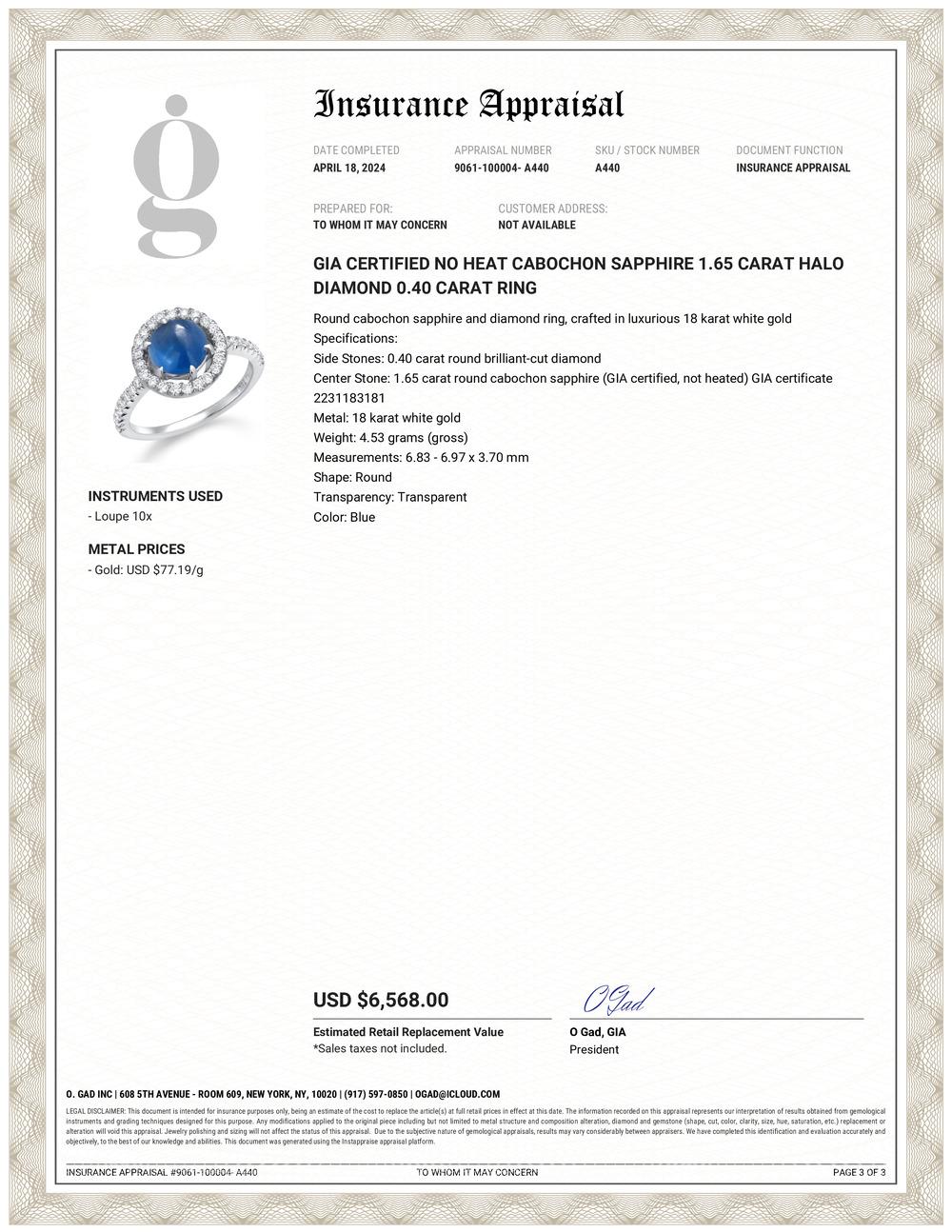 Contemporary GIA Certified No Heat Cabochon Sapphire 1.65 Carat Halo Diamond 0.40 Carat Ring  For Sale