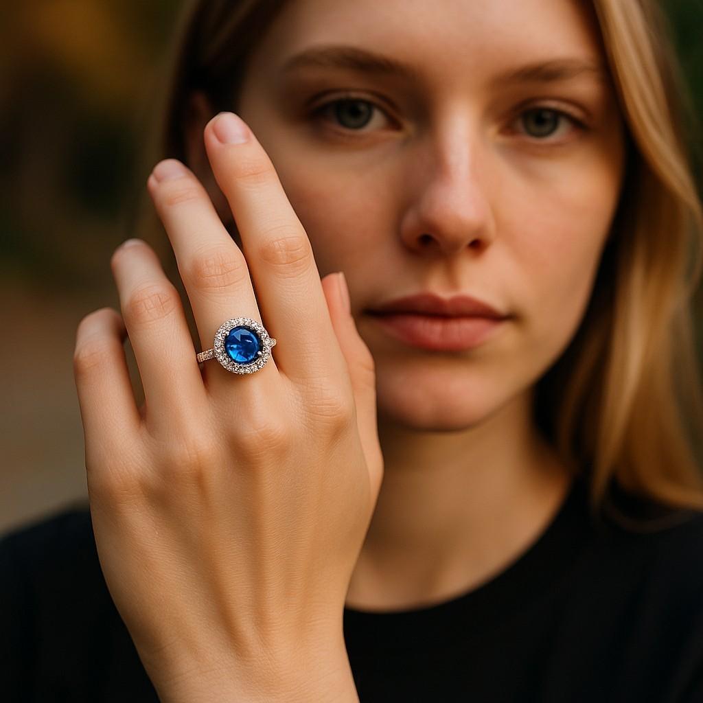 GIA Certified No Heat Cabochon Sapphire 1.65 Carat Halo Diamond 0.40 Carat Ring For Sale 1
