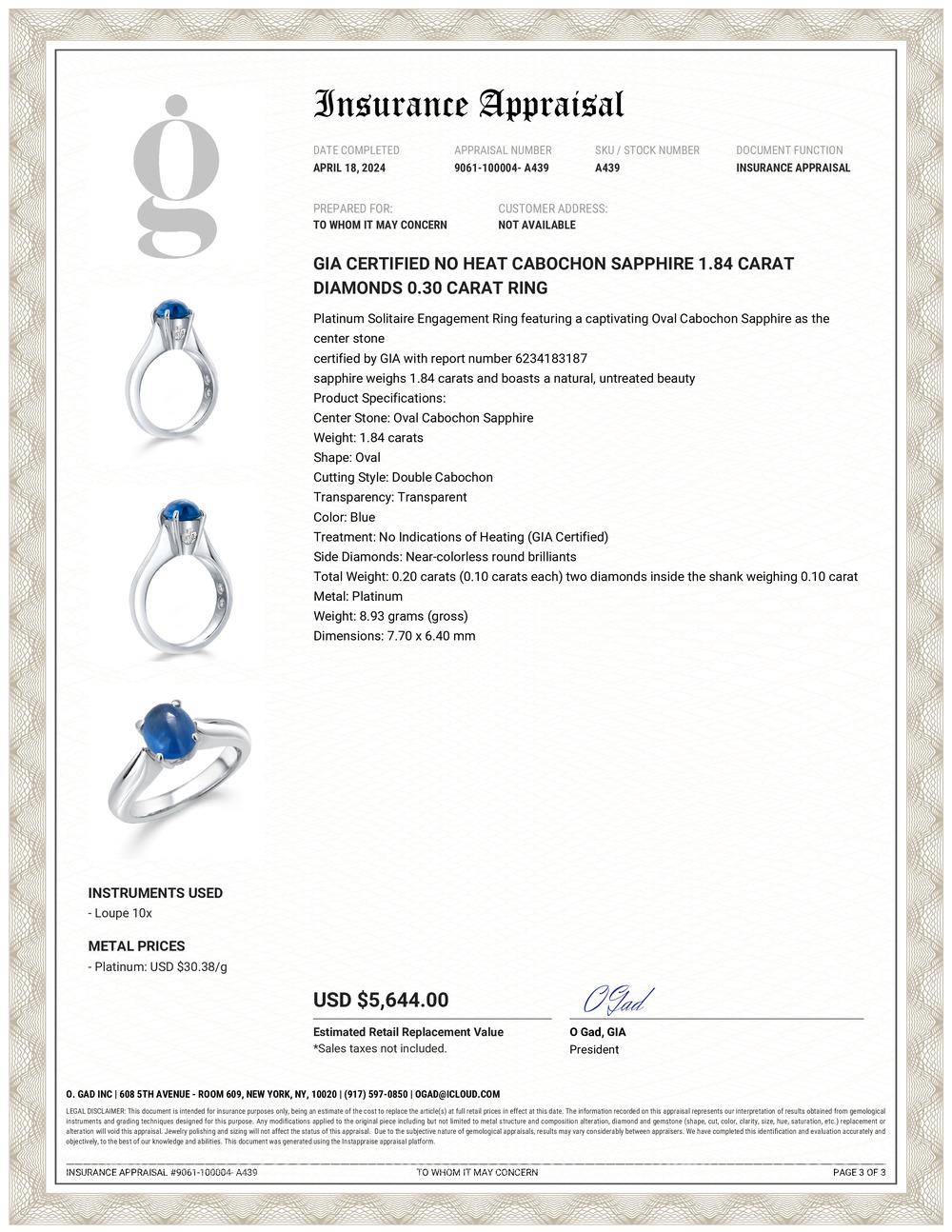 GIA-zertifizierter unbehandelter Cabochon-Saphir 1,84 Karat Diamanten 0,30 Karat Ring  (Zeitgenössisch) im Angebot
