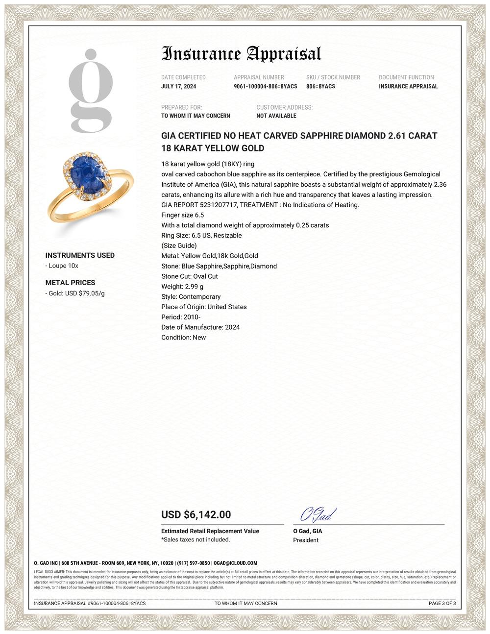 Oval Cut GIA Certified No Heat Carved Sapphire Diamond 2.61 Carat 18 Karat Yellow Gold For Sale