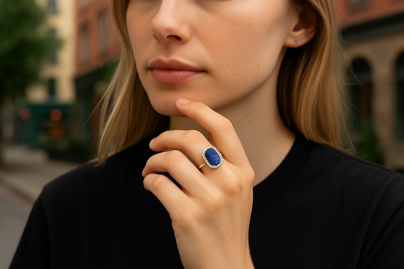 Contemporary GIA Certified No Heat Carved Sapphire Diamond 2.61 Carat 18 Karat Yellow Gold For Sale