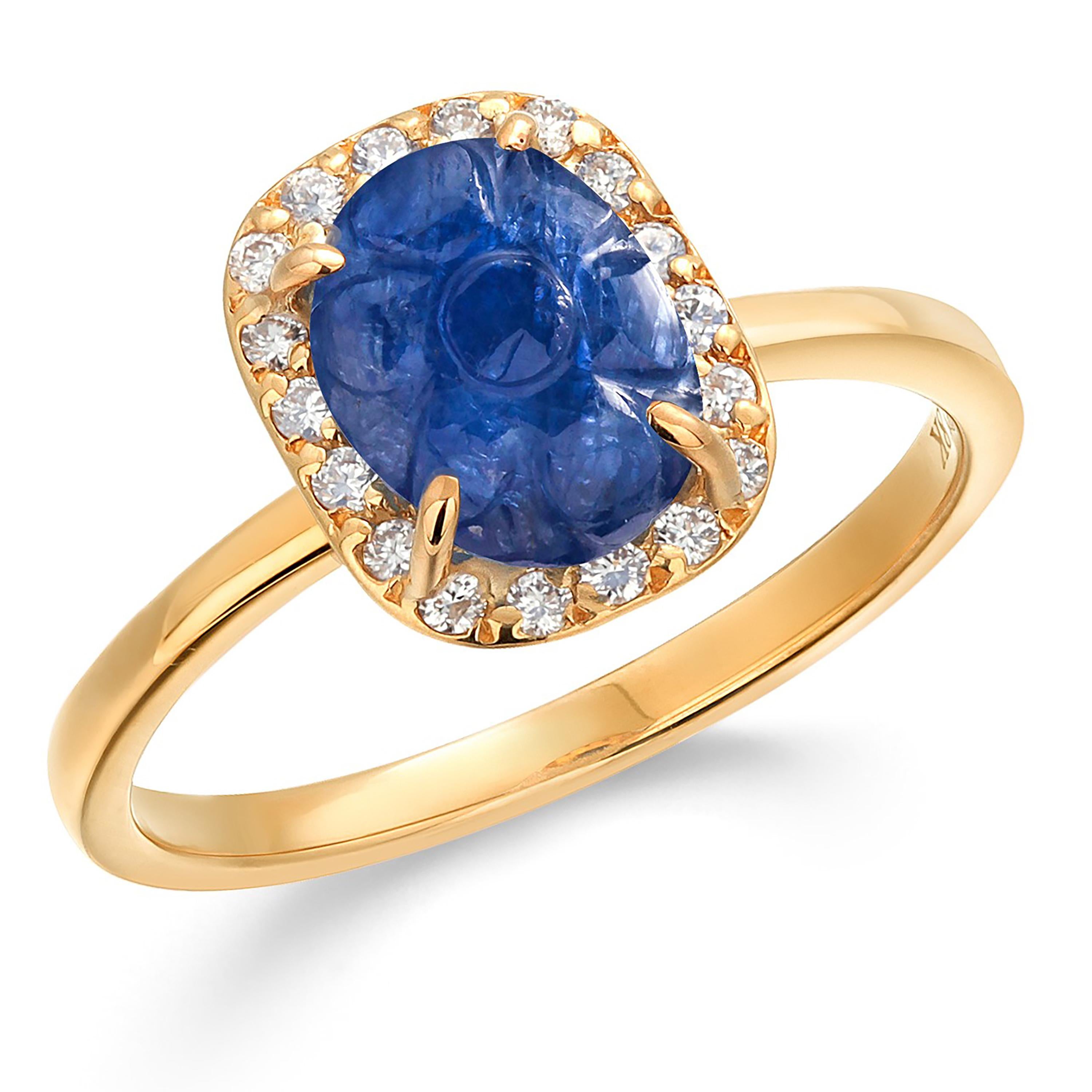 GIA Certified No Heat Carved Sapphire Diamond 2.61 Carat 18 Karat Yellow Gold  In New Condition For Sale In New York, NY