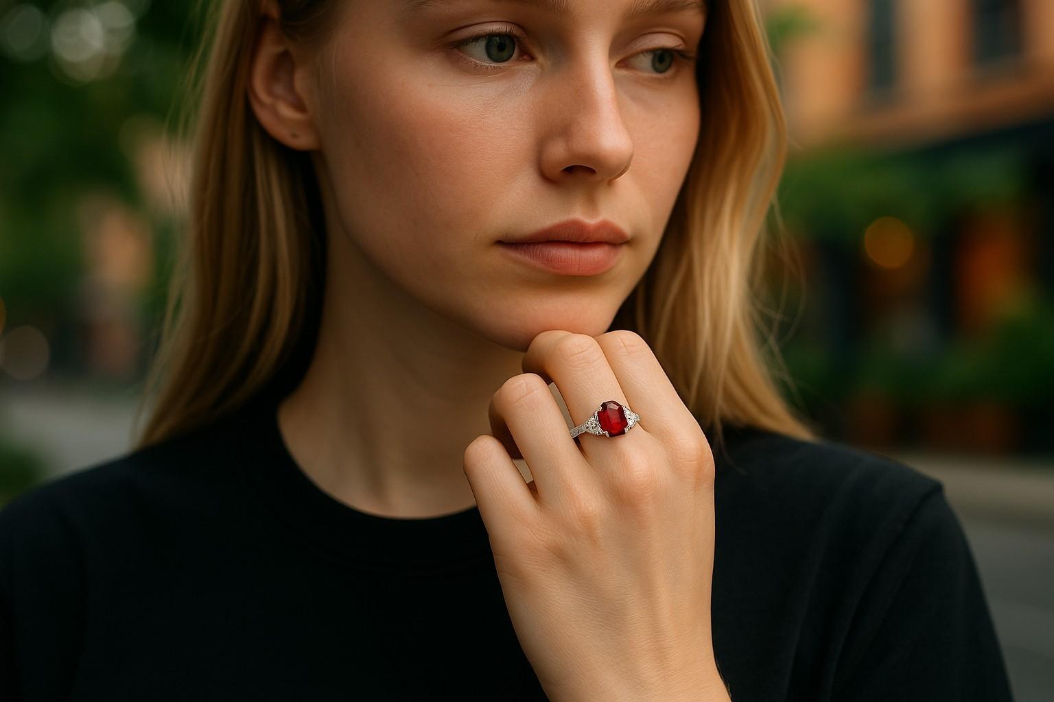 Contemporaneo GIA Certified No Heat Cushion Ruby Half Moon Diamond Platinum Cocktail Ring in vendita
