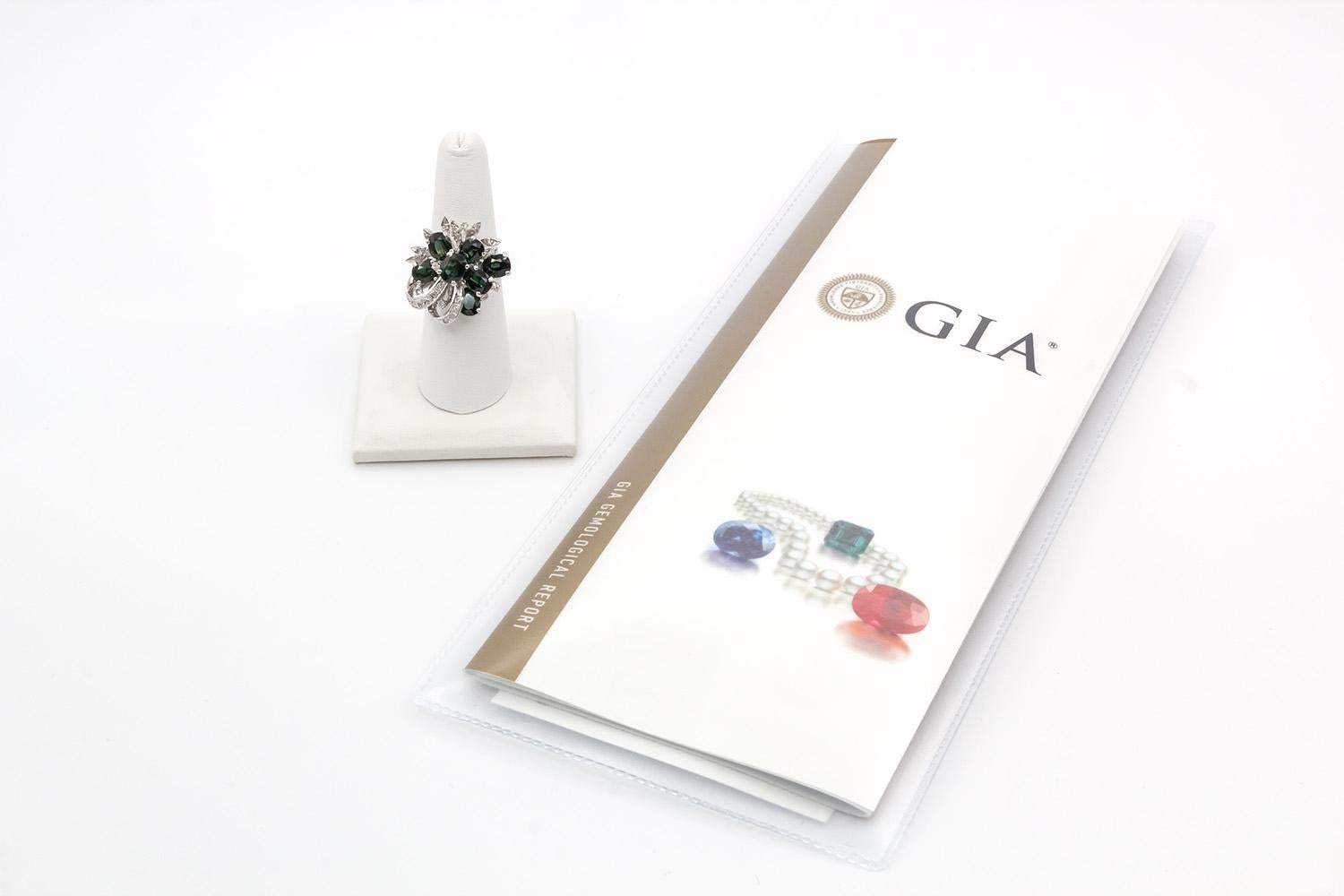 GIA Certified No Heat Green-Blue Sapphire & Diamond 18k White Gold Cluster Ring For Sale 5