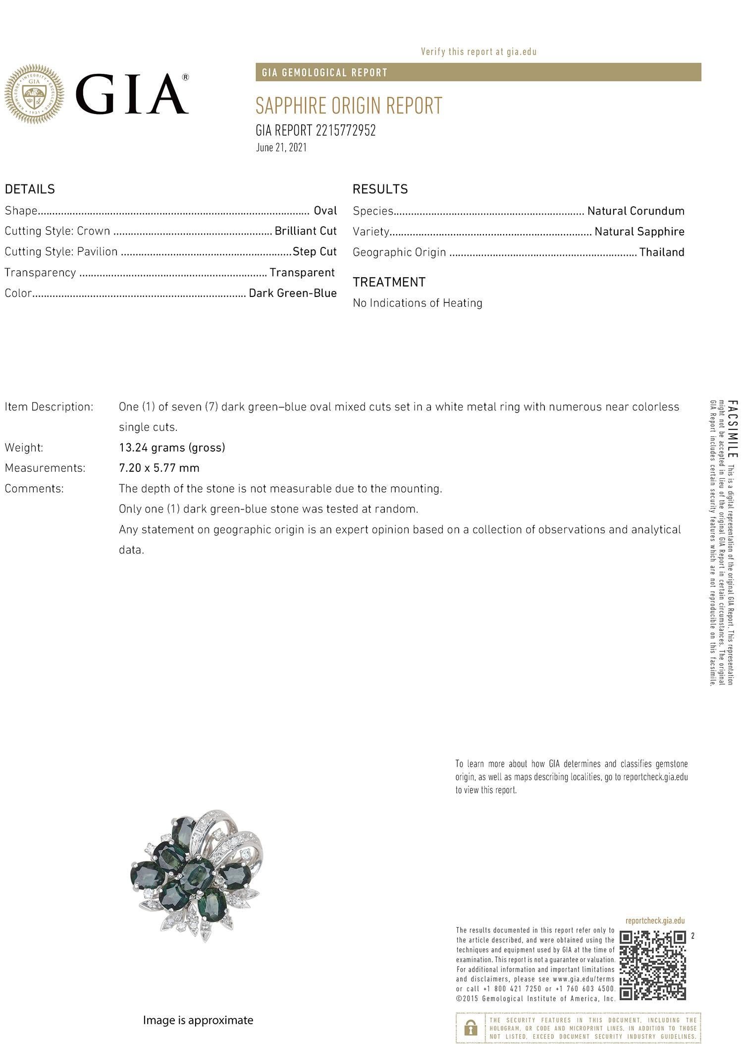 GIA Certified No Heat Green-Blue Sapphire & Diamond 18k White Gold Cluster Ring For Sale 6