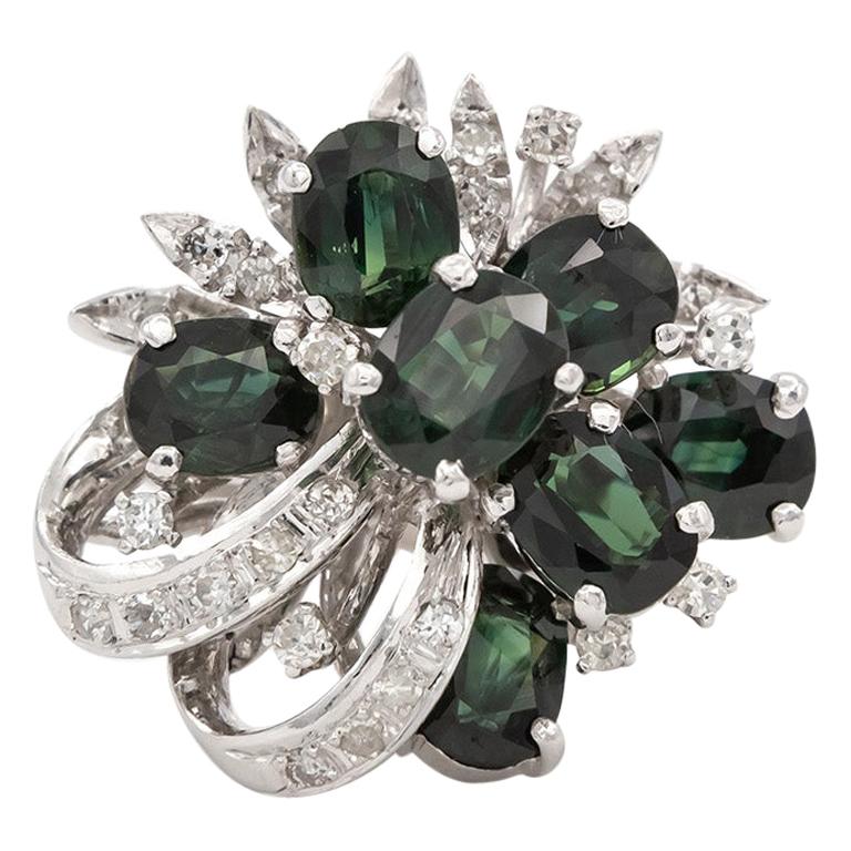GIA Certified No Heat Green-Blue Sapphire & Diamond 18k White Gold Cluster Ring For Sale