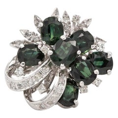 GIA Certified No Heat Green-Blue Sapphire & Diamond 18k White Gold Cluster Ring