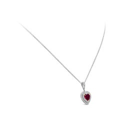 GIA Certified No Heat Heart Shape Ruby and Diamond Halo Pendant Necklace