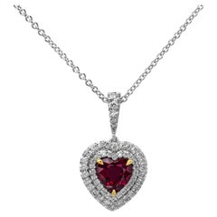 GIA Certified No Heat Heart Shape Ruby and Diamond Halo Pendant Necklace