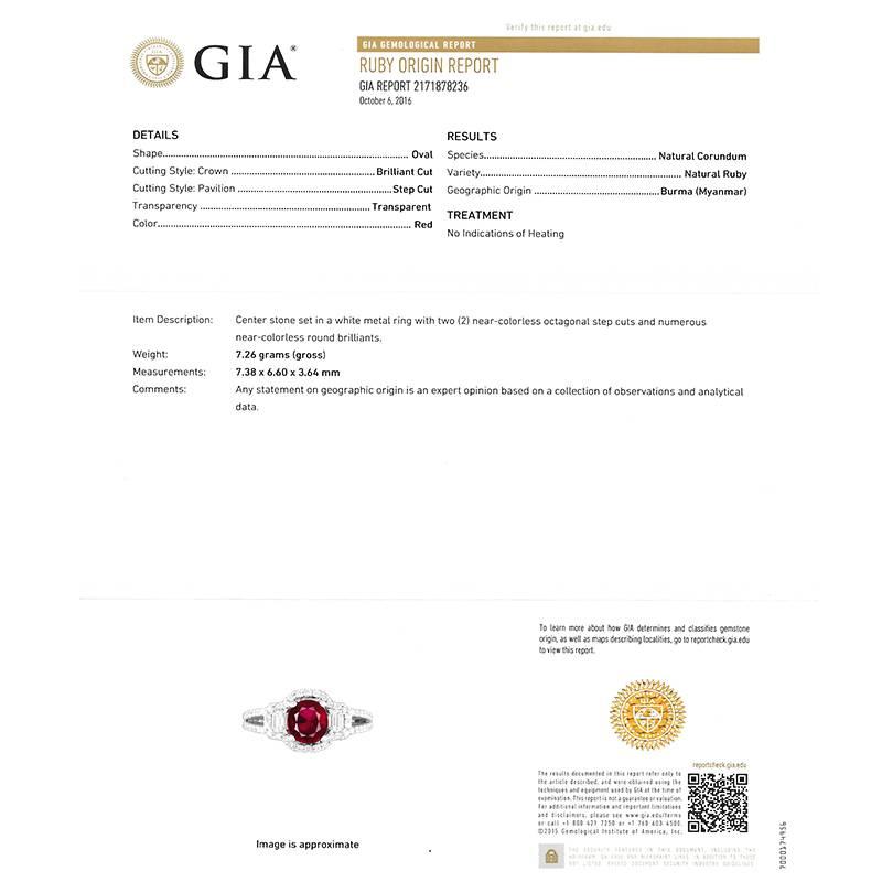 Cushion Cut GIA Certified No Heat Myanmar Ruby 1.48 Carat Diamond 1.20 Carat Platinum Ring  For Sale