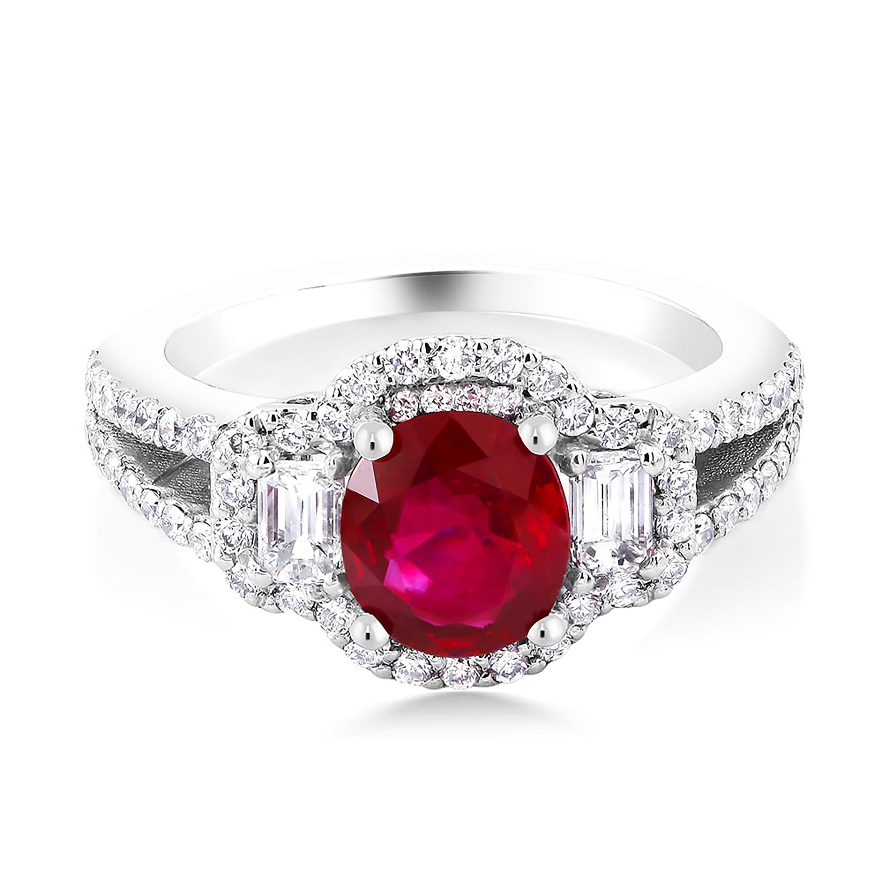 Women's GIA Certified No Heat Myanmar Ruby 1.48 Carat Diamond 1.20 Carat Platinum Ring
