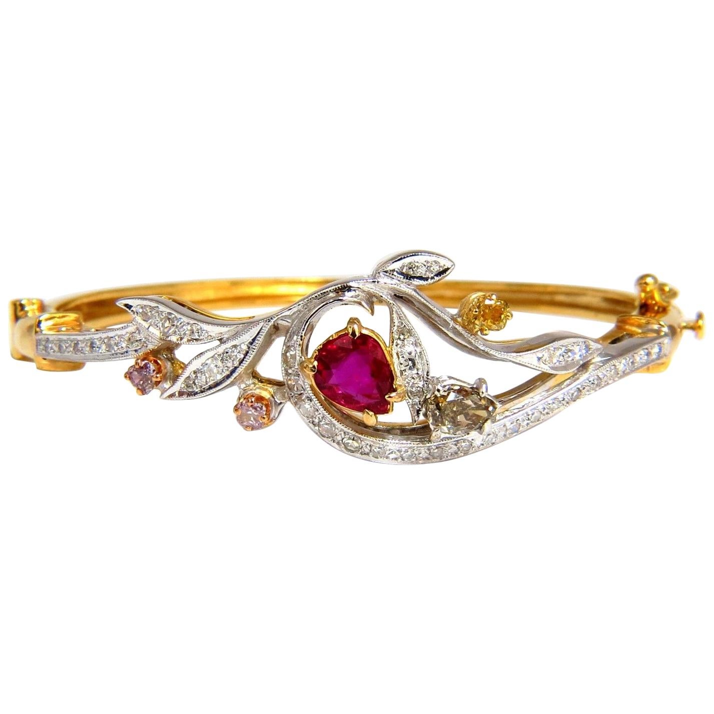 GIA Certified No Heat Natural Ruby Fancy Color Diamonds Bangle Bracelet* For Sale