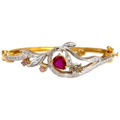 GIA Certified No Heat Natural Ruby Fancy Color Diamonds Bangle Bracelet*