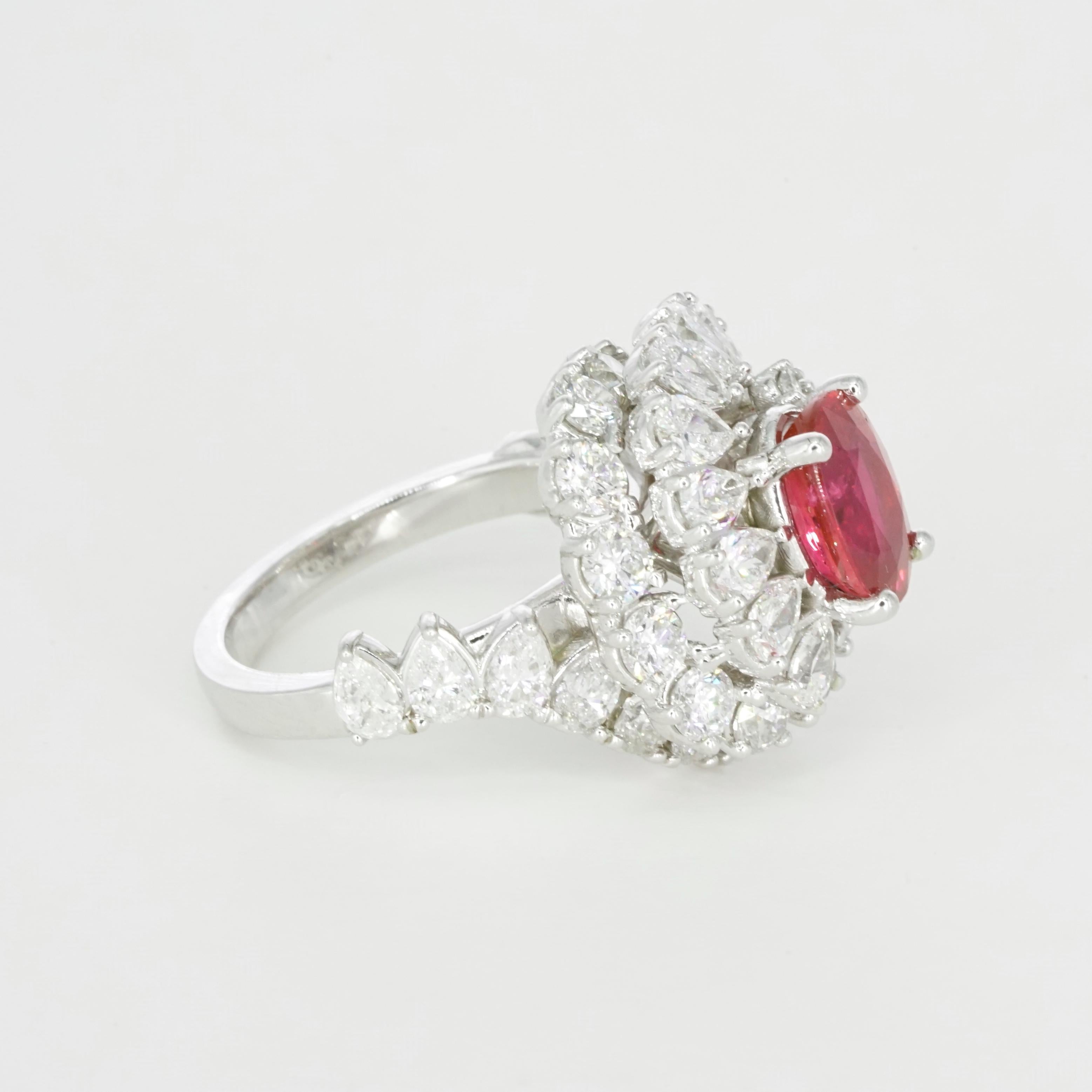 GIA Certified No Heat Oval Ruby with Pear and Round Brilliant Cut Cocktail Ring 4