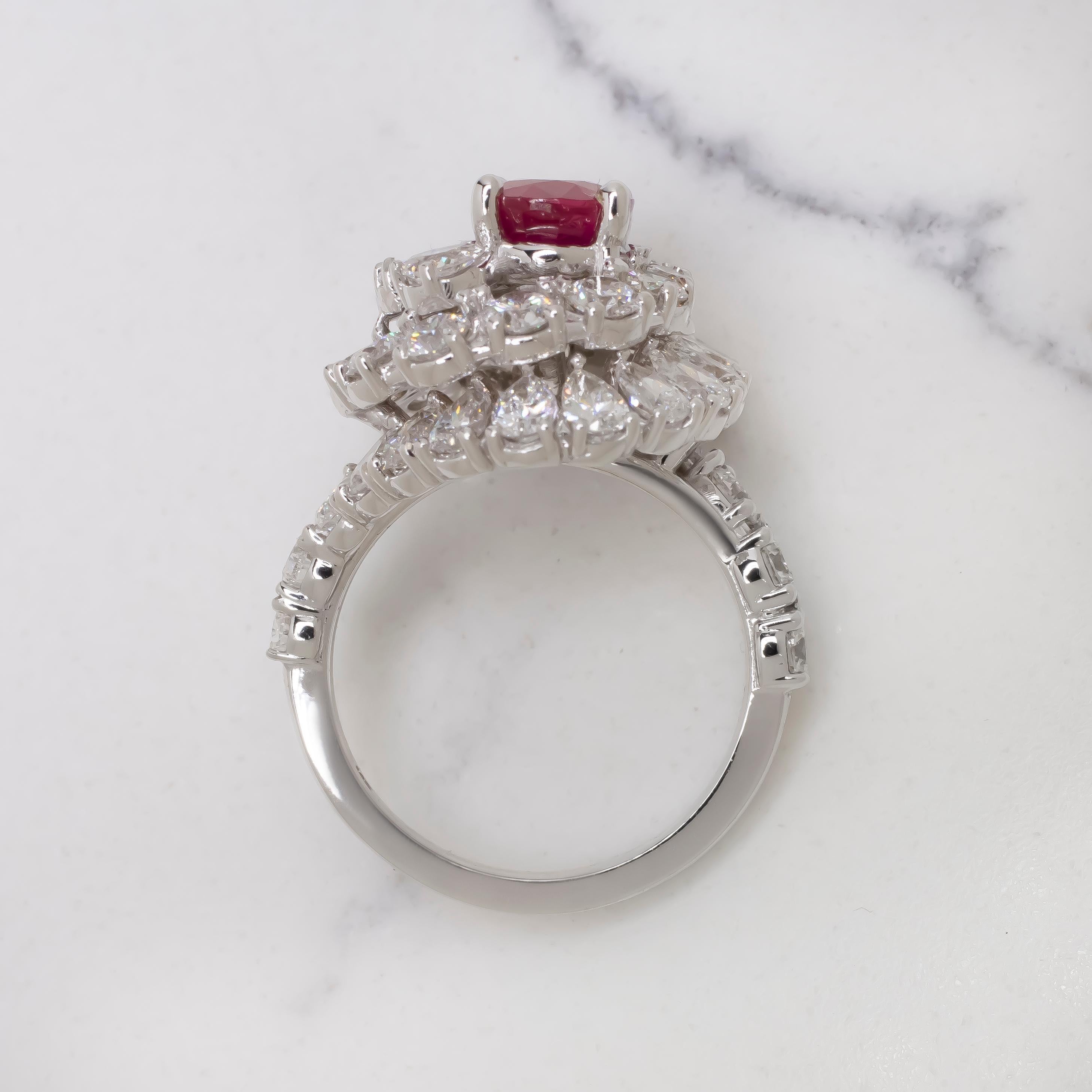 Contemporary GIA Certified No Heat Oval Ruby with Pear and Round Brilliant Cut Cocktail Ring
