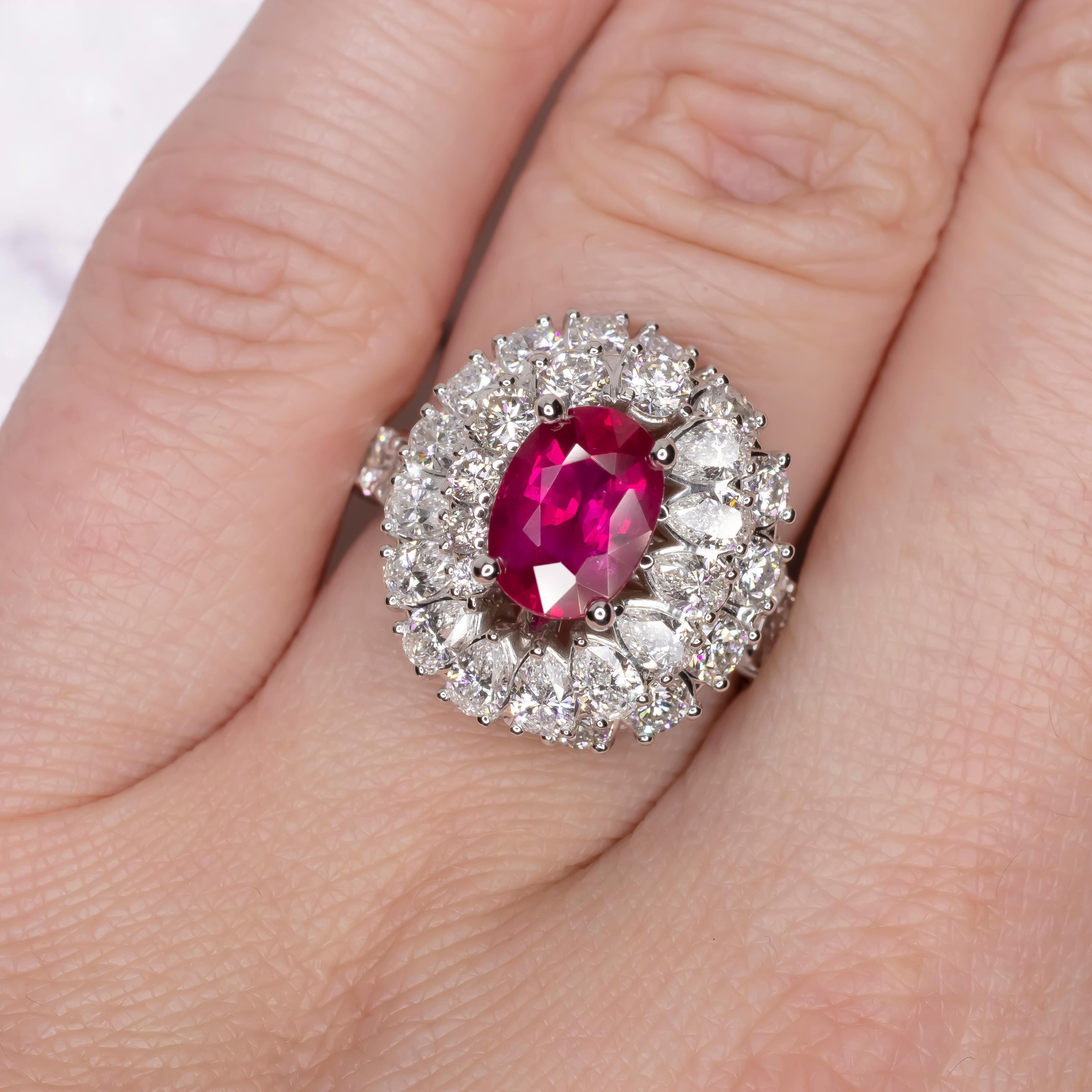 Oval Cut GIA Certified No Heat Oval Ruby with Pear and Round Brilliant Cut Cocktail Ring