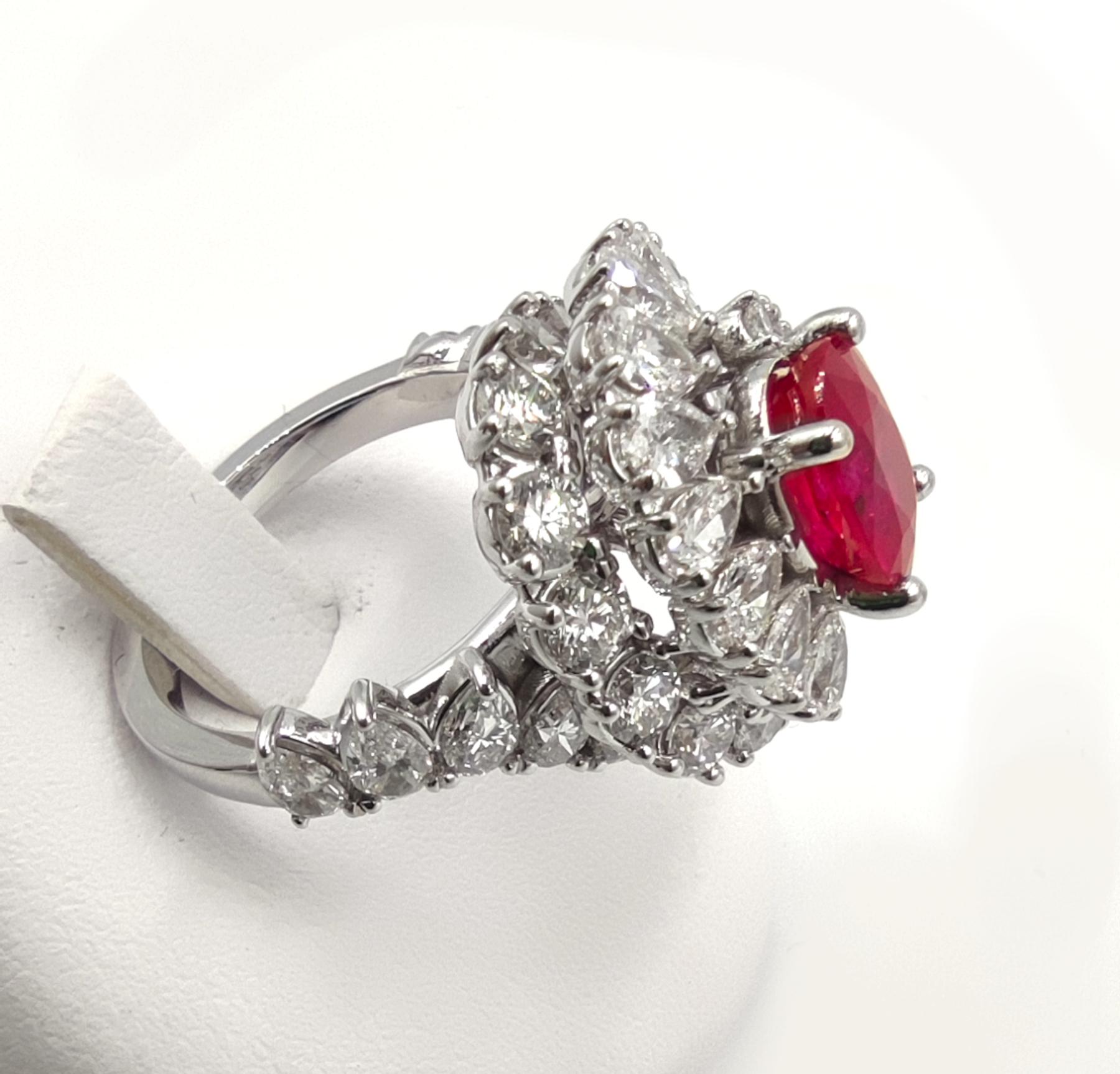 GIA Certified No Heat Oval Ruby with Pear and Round Brilliant Cut Cocktail Ring For Sale 1
