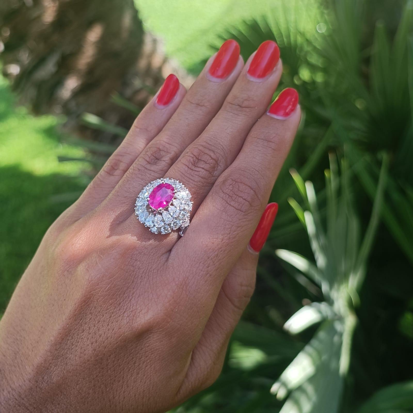 GIA Certified No Heat Oval Ruby with Pear and Round Brilliant Cut Cocktail Ring 2