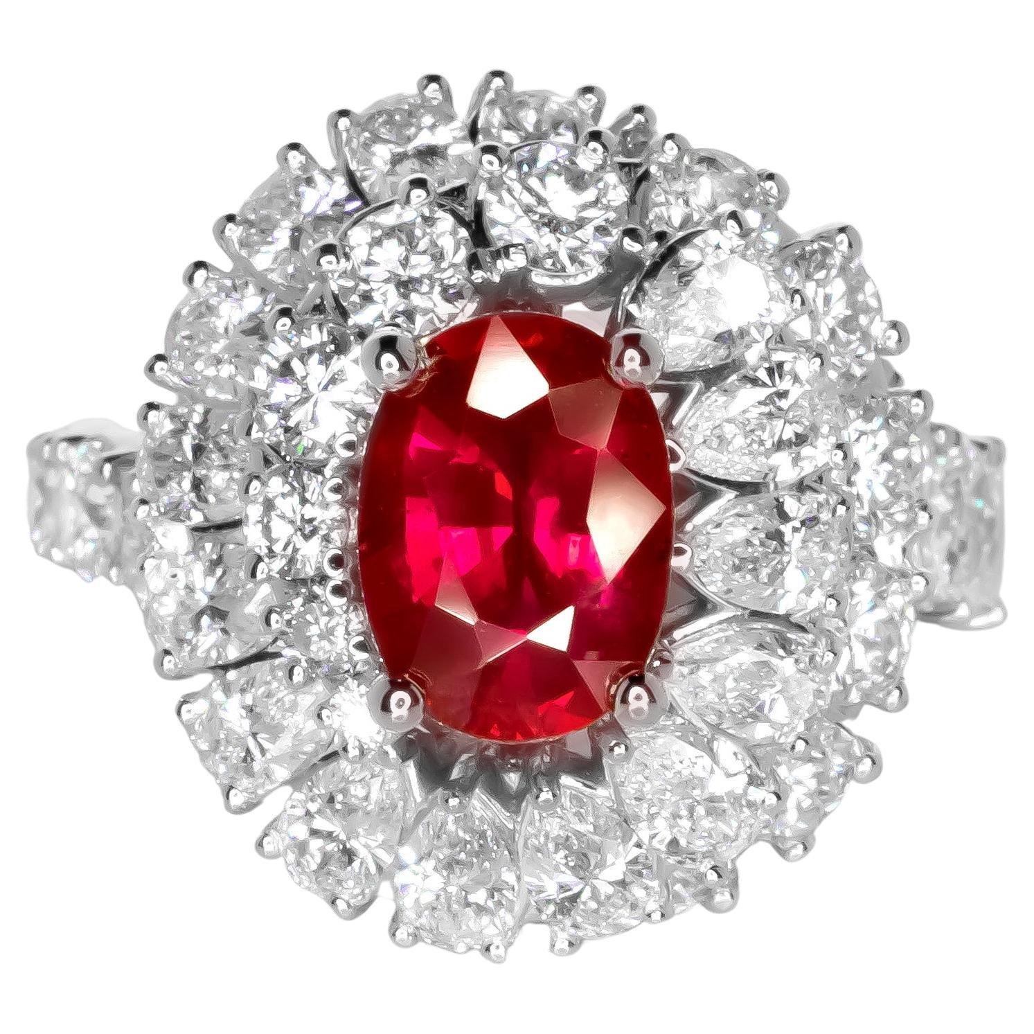 GIA Certified No Heat Oval Ruby with Pear and Round Brilliant Cut Cocktail Ring For Sale
