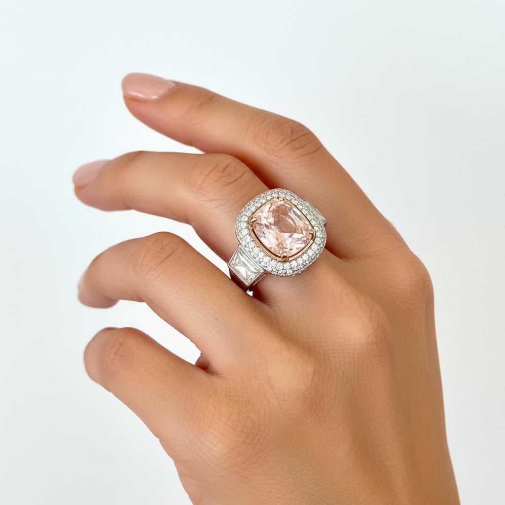 Contemporaneo Anello in platino con zaffiro Padparadscha e diamante certificato GIA NO HEAT in vendita