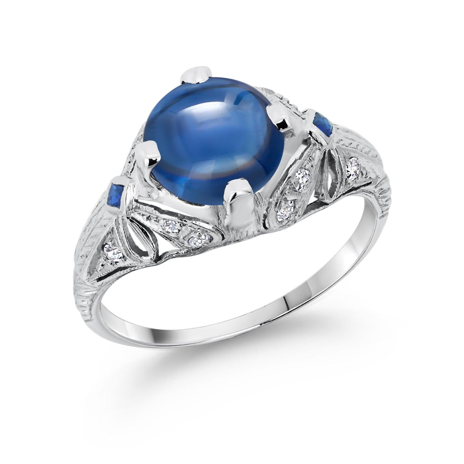 GIA Certified No Heat Round Cabochon Sapphire In VIntage Engraved Diamond Ring For Sale 7