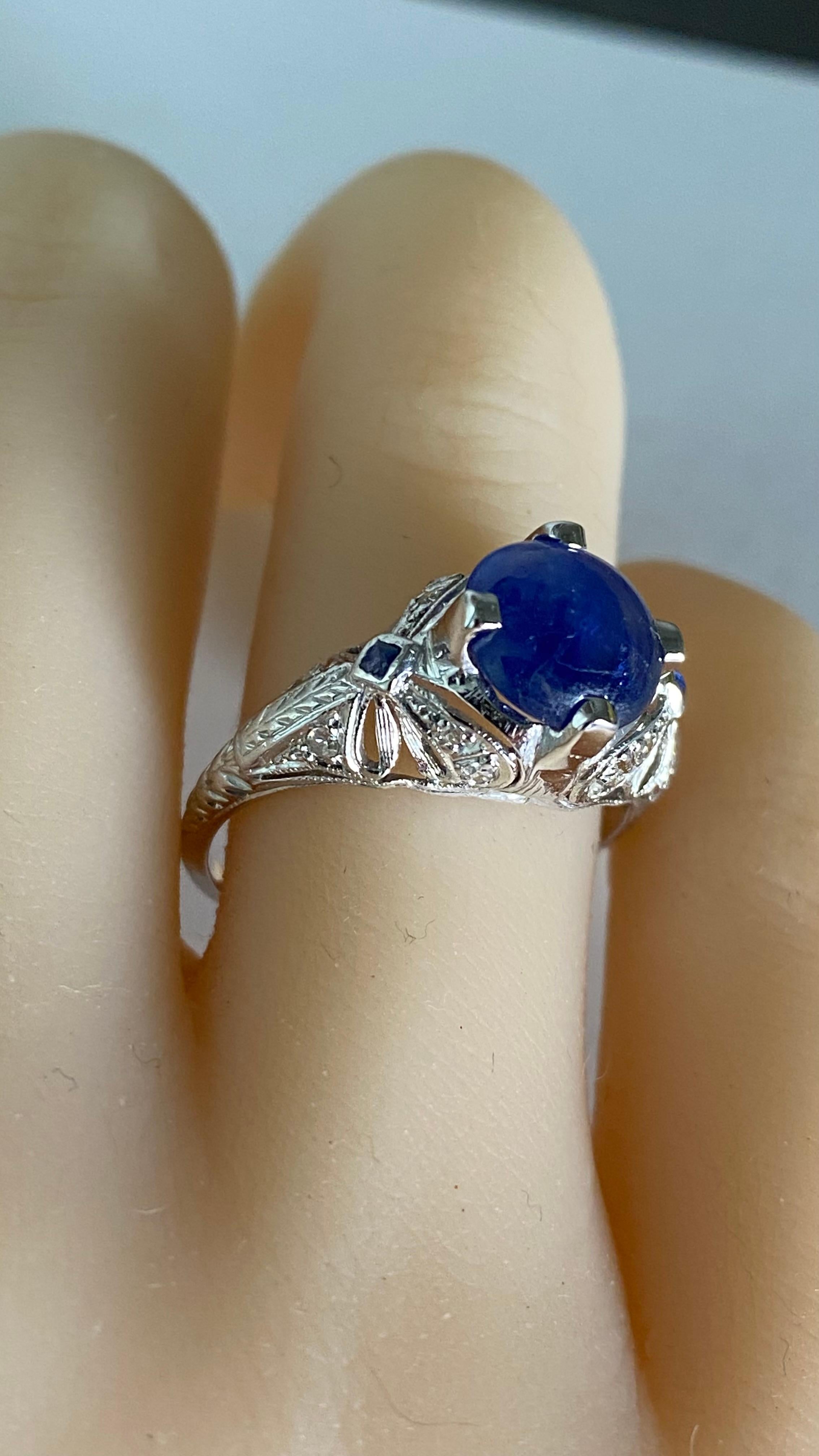 GIA Certified No Heat Round Cabochon Sapphire In VIntage Engraved Diamond Ring For Sale 8