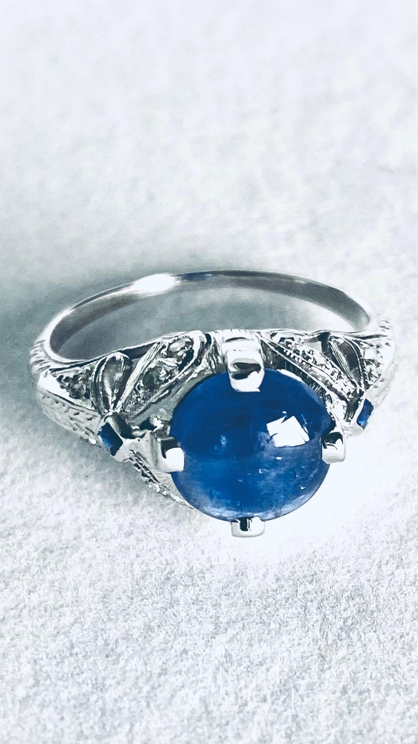 GIA Certified No Heat Round Cabochon Sapphire In VIntage Engraved Diamond Ring For Sale 9