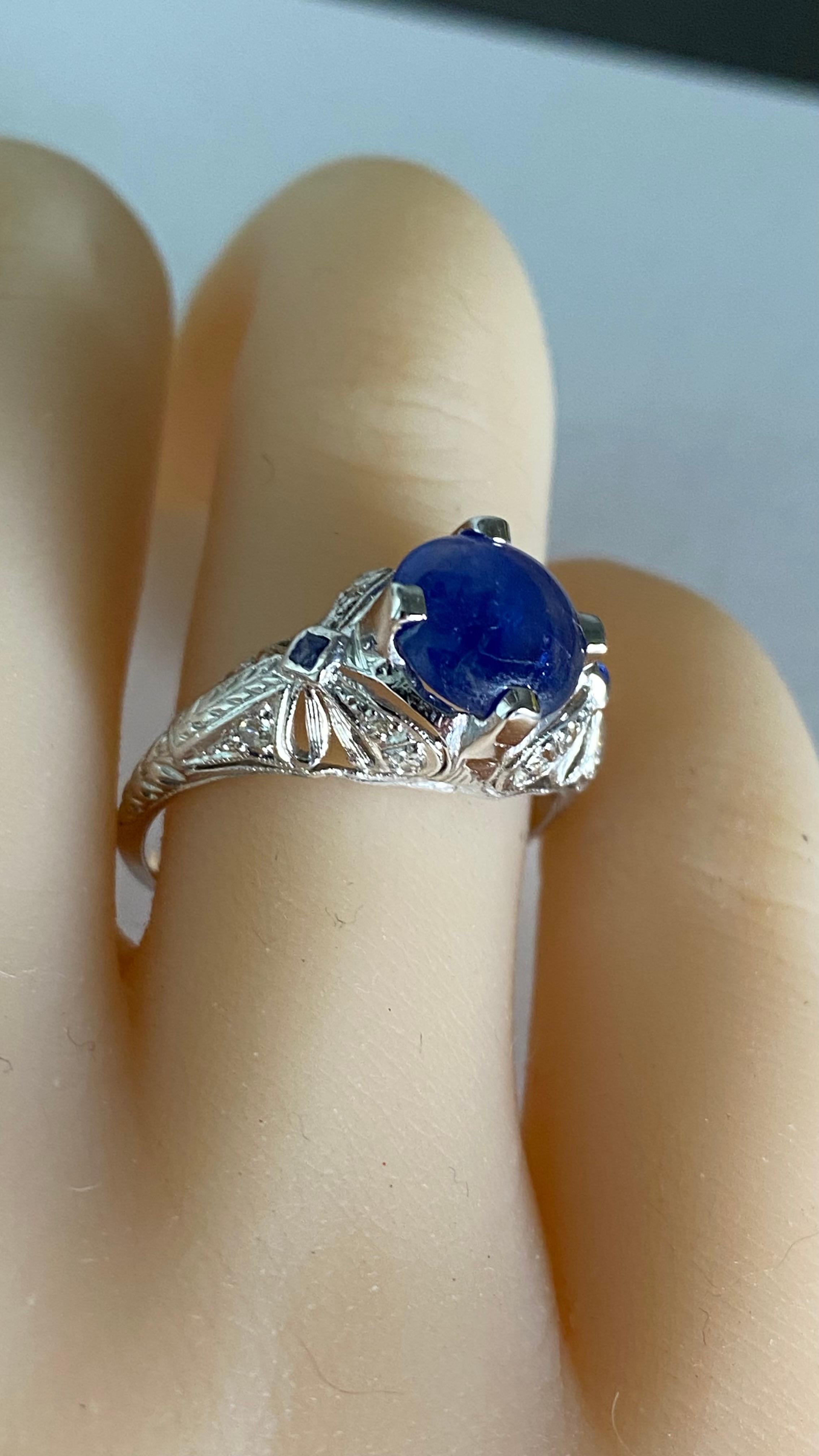 GIA Certified No Heat Round Cabochon Sapphire In VIntage Engraved Diamond Ring For Sale 10