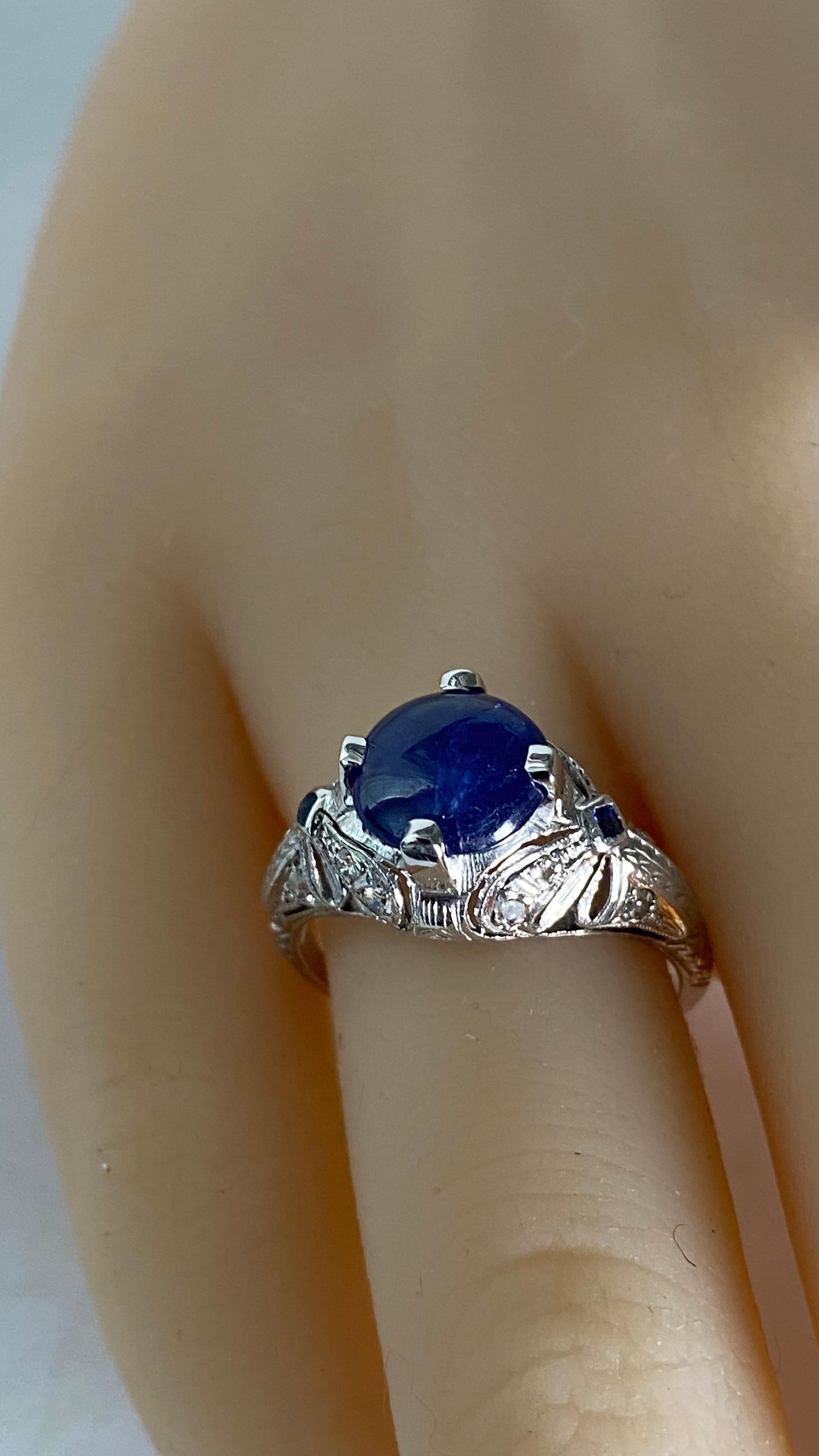 GIA Certified No Heat Round Cabochon Sapphire In VIntage Engraved Diamond Ring For Sale 11