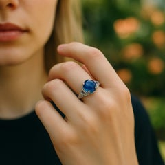 GIA Certified No Heat Round Cabochon Sapphire In VIntage Engraved Diamond Ring