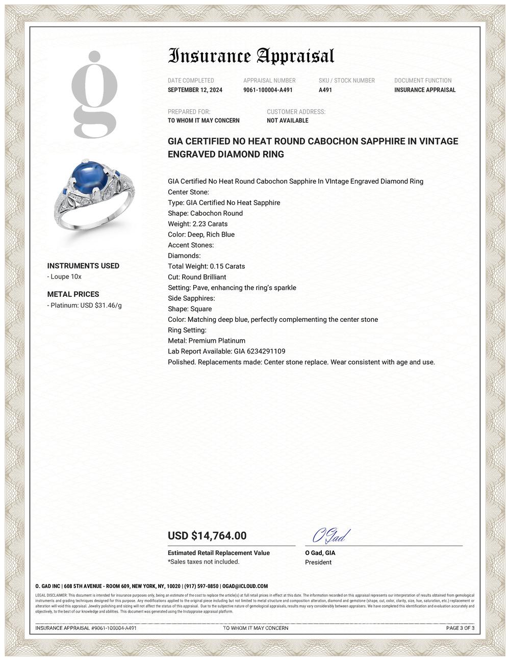 Round Cut GIA Certified No Heat Round Cabochon Sapphire In VIntage Engraved Diamond Ring For Sale
