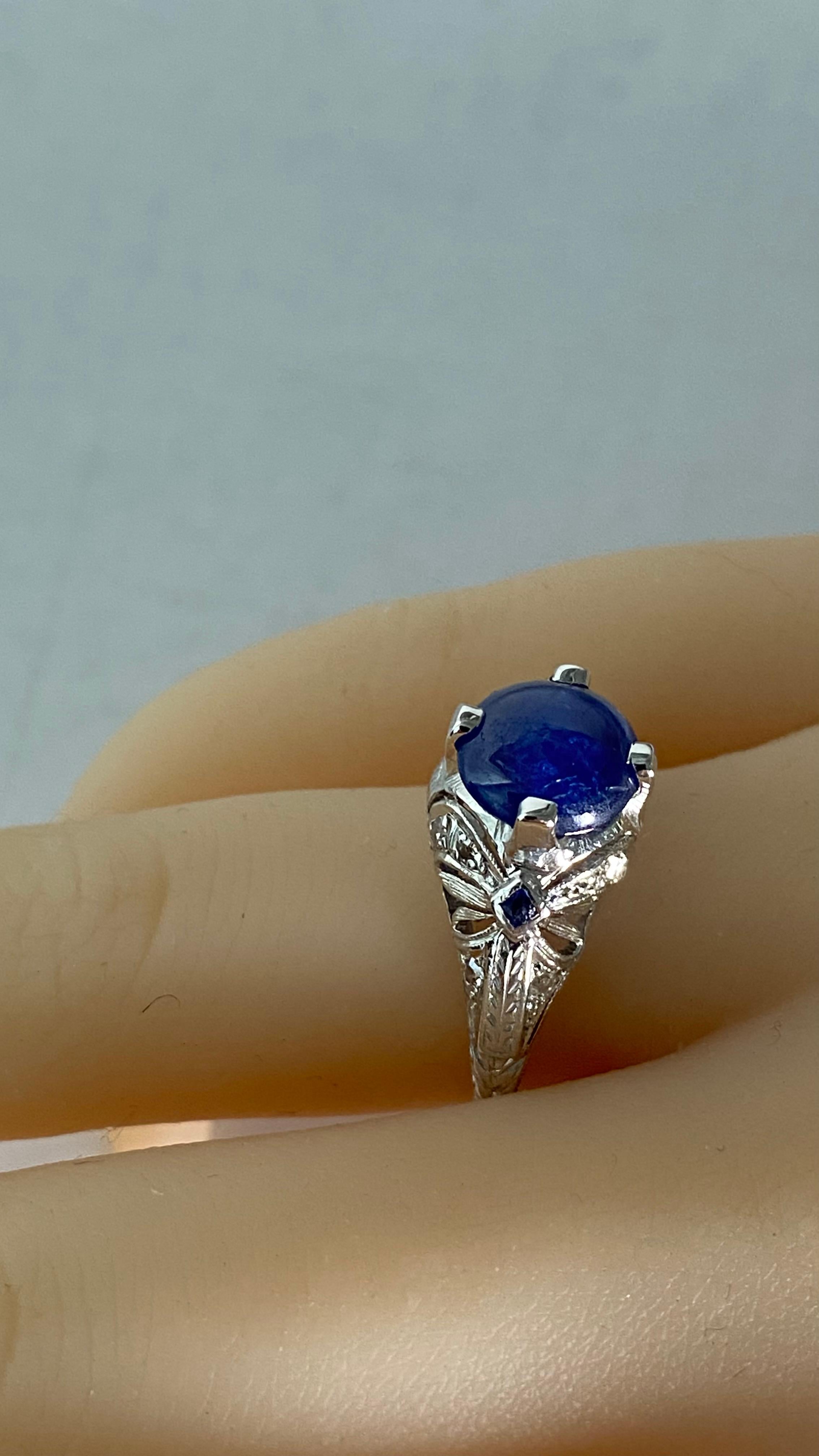 GIA Certified No Heat Round Cabochon Sapphire In VIntage Engraved Diamond Ring For Sale 1